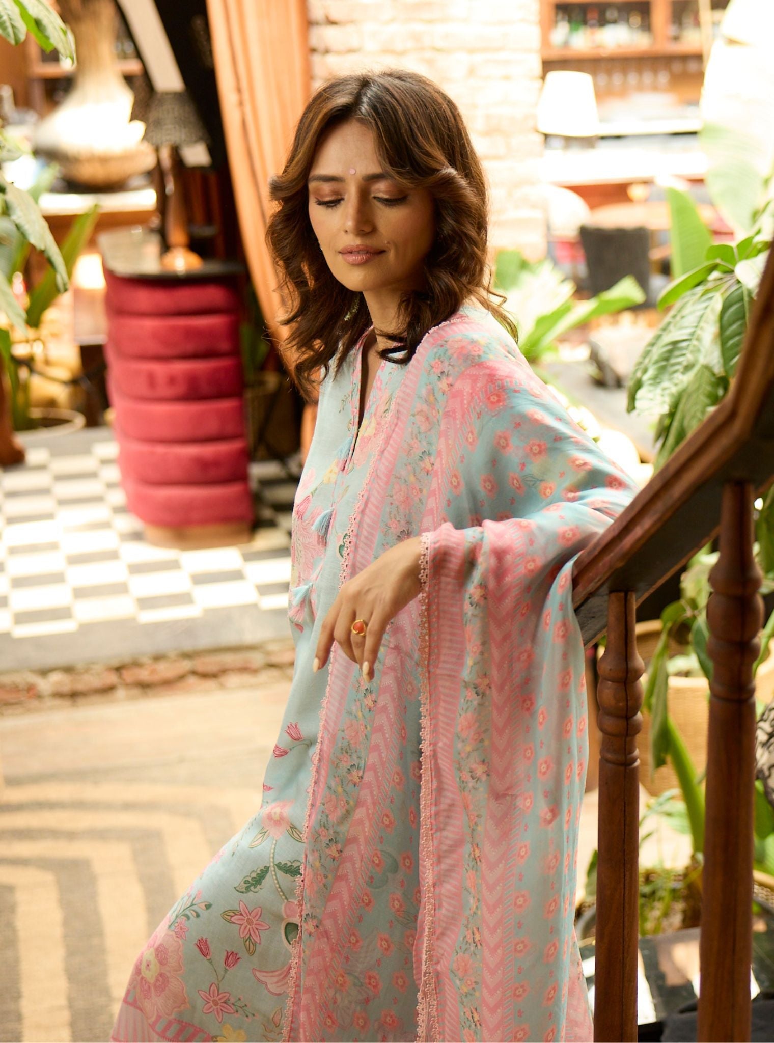 Pia Printed Linen Blue Kurta Set