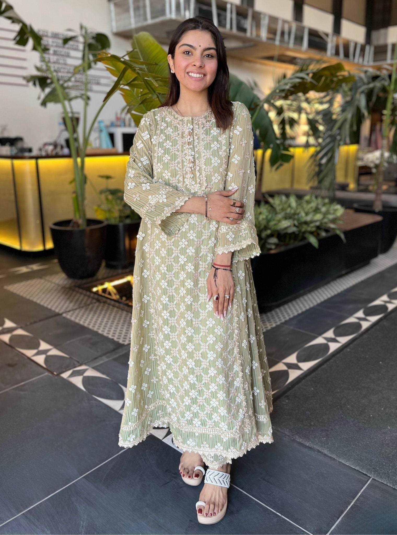 Mulmul Banarsi Eurielle Green Anarkali Kurta With Mulmul Pima Satin Eurielle Green Pant