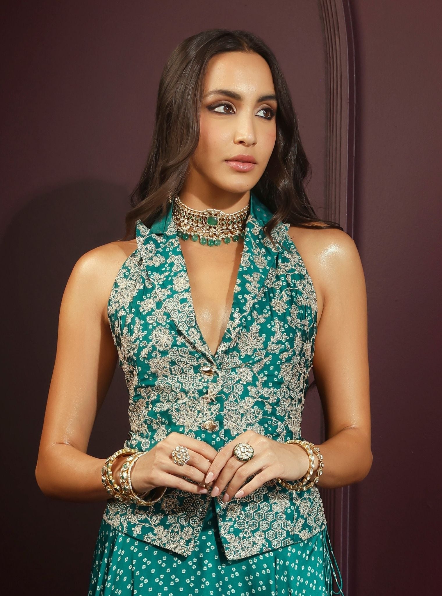 Kuhu Cupro Satin Printed Emerald Green Waistcoat With Wide Pleated Skirt