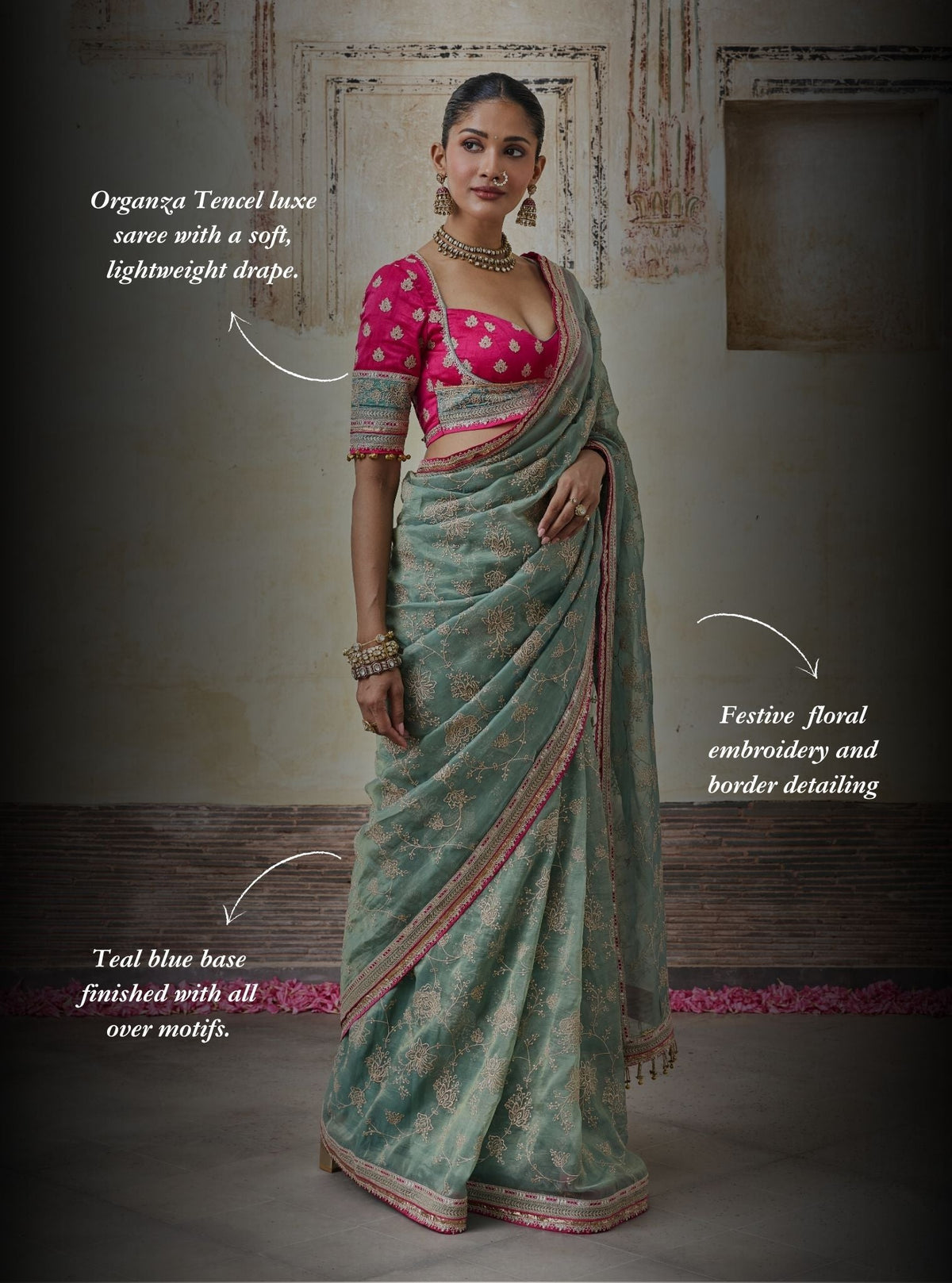 Parthi Lurex Organza Teal Blue Saree