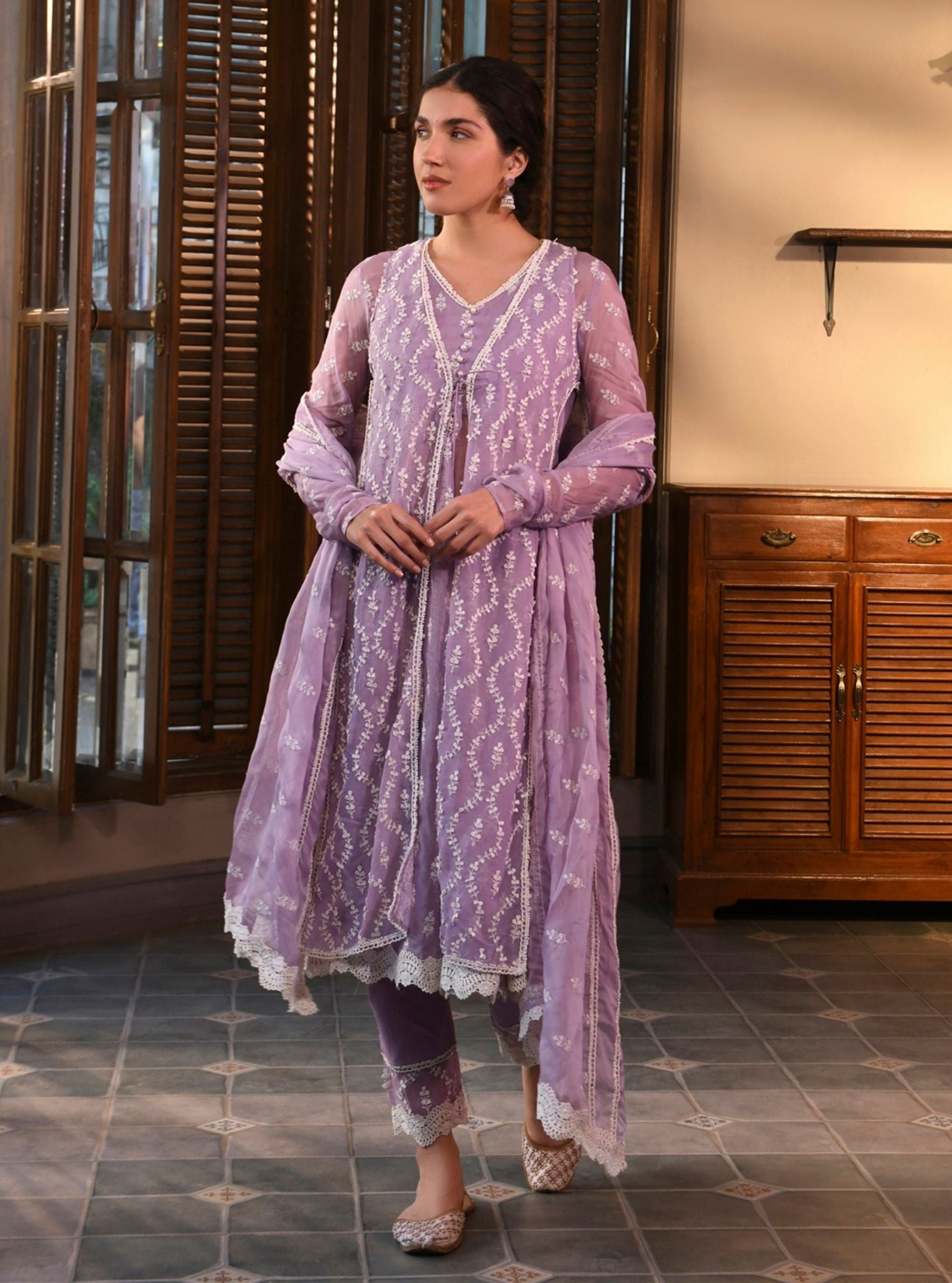 Mulmul Organza Iksa Green Kurta With Mulmul Pima Satin Iksa Green Pant