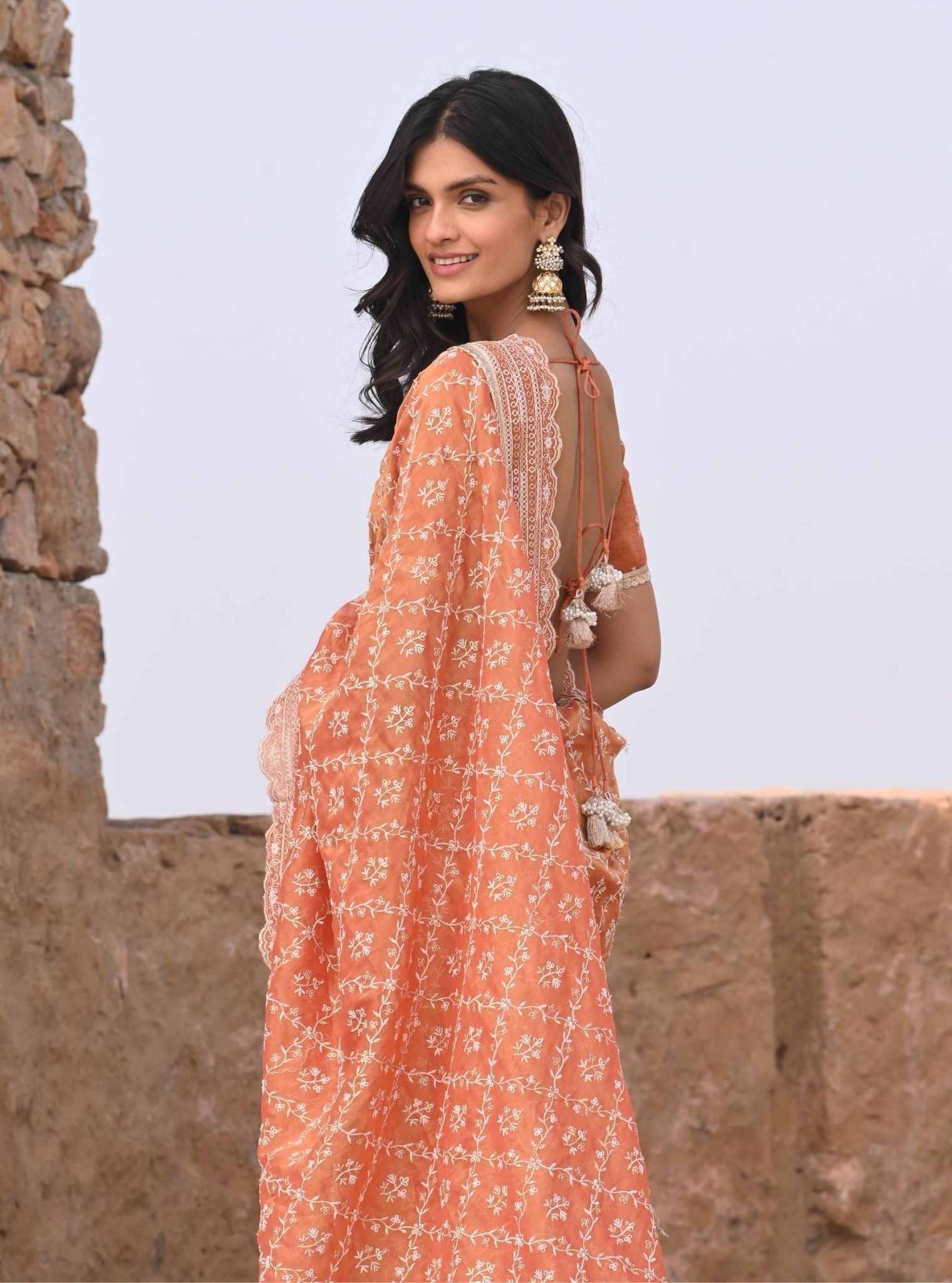 Mulmul Luxe Tissue Mehram Burnt Orange Saree