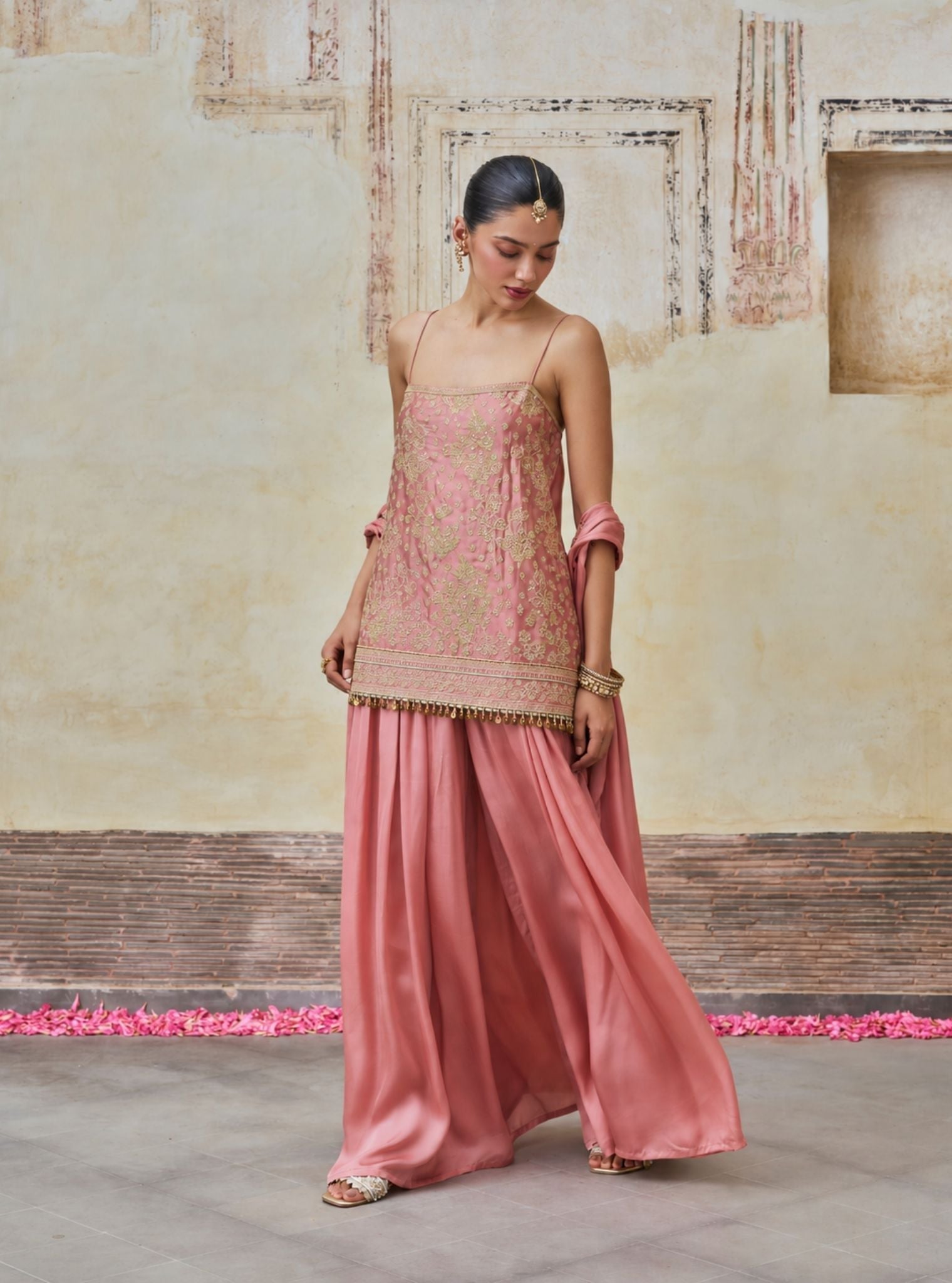 Aangan Cupro Satin Pink Sharara Set