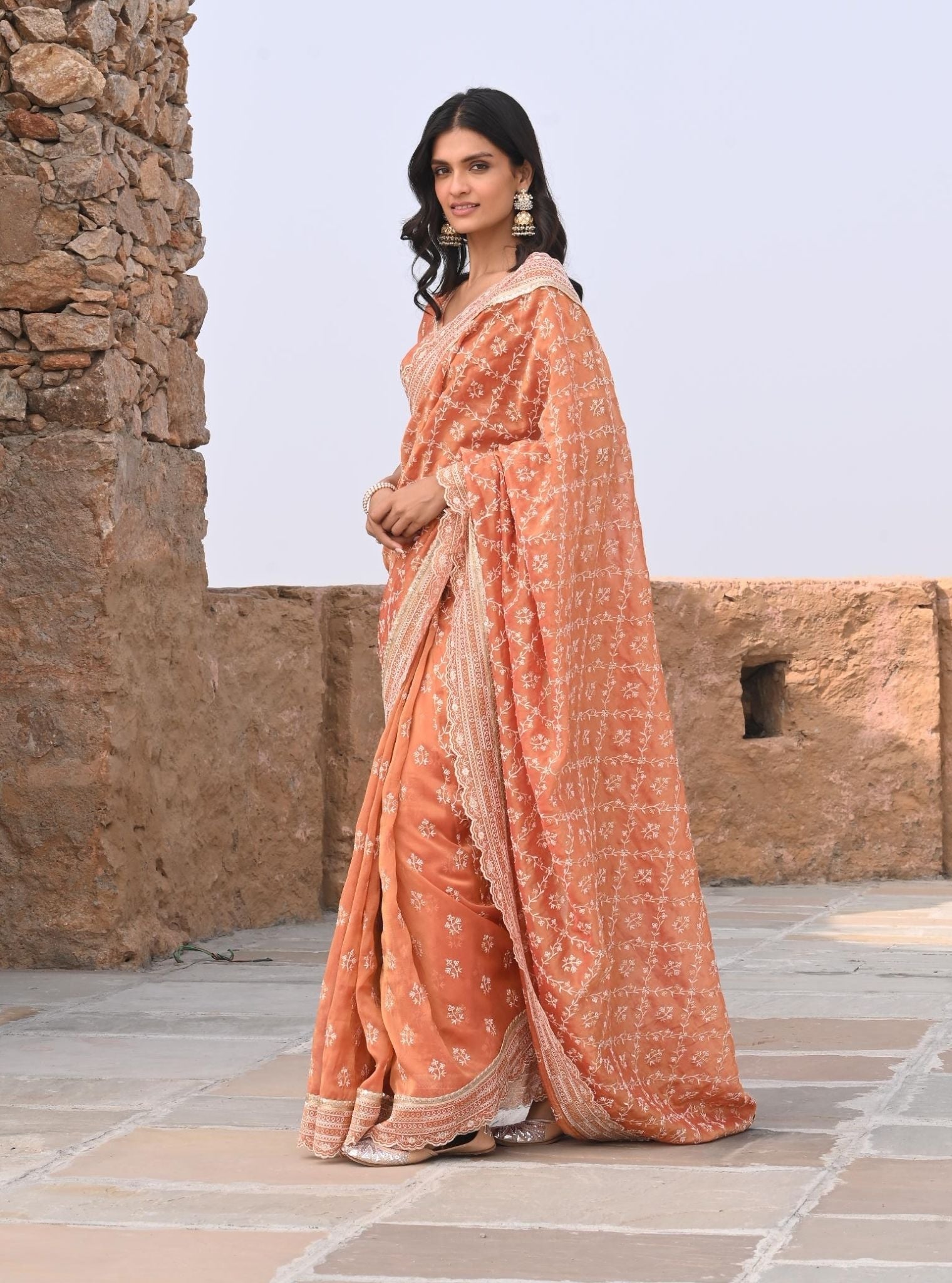 Mulmul Luxe Tissue Mehram Burnt Orange Saree