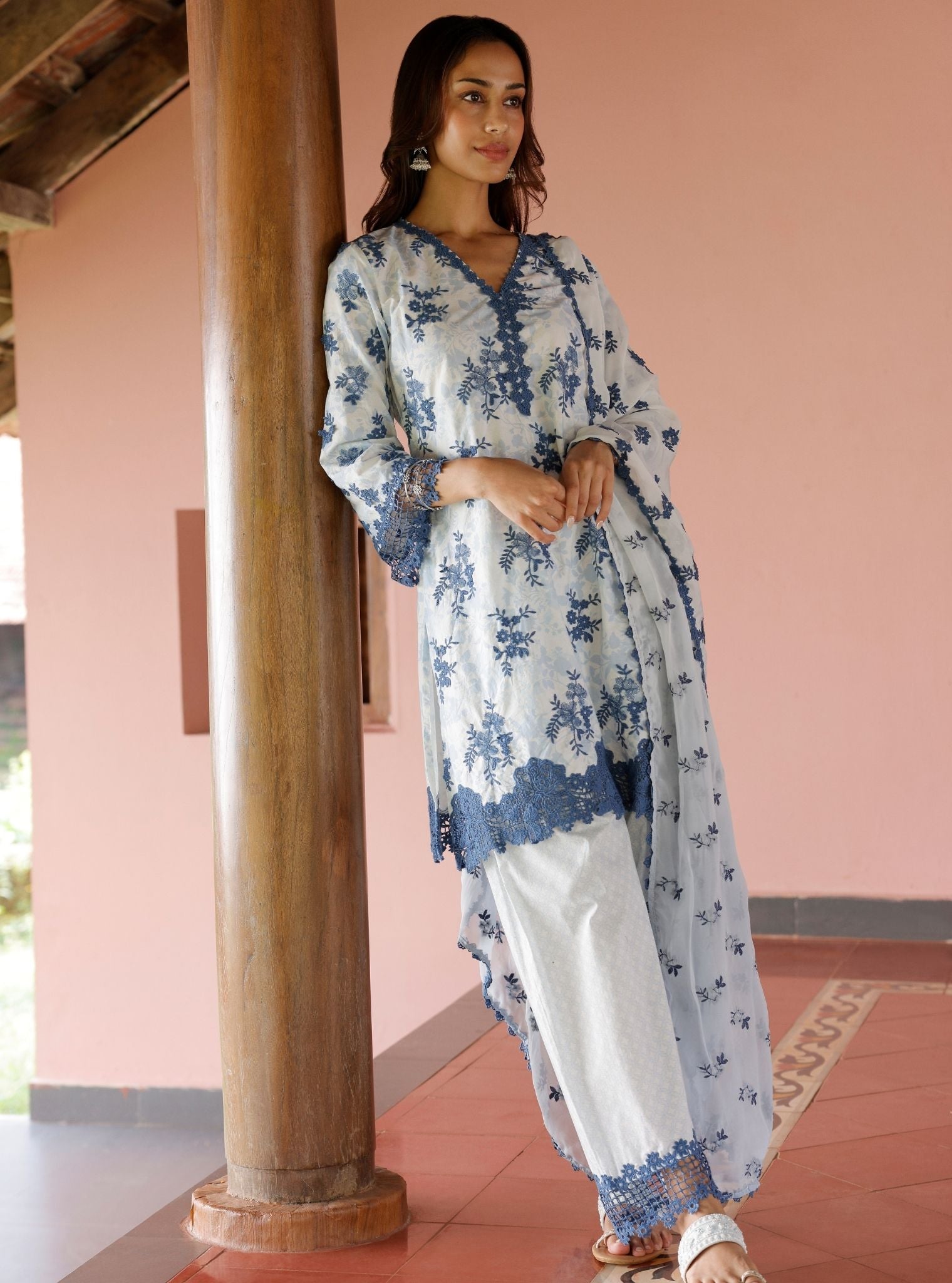 Mulmul Cotton Print Yamya Blue Kurta With Mulmul Cotton Print Yamya Blue Pant