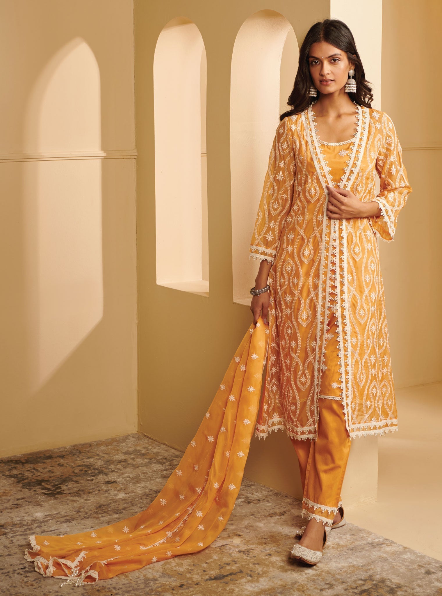 Mulmul Organza Tavisa Mango Kurta With Mulmul Pima Satin Tavisa Mango Pant