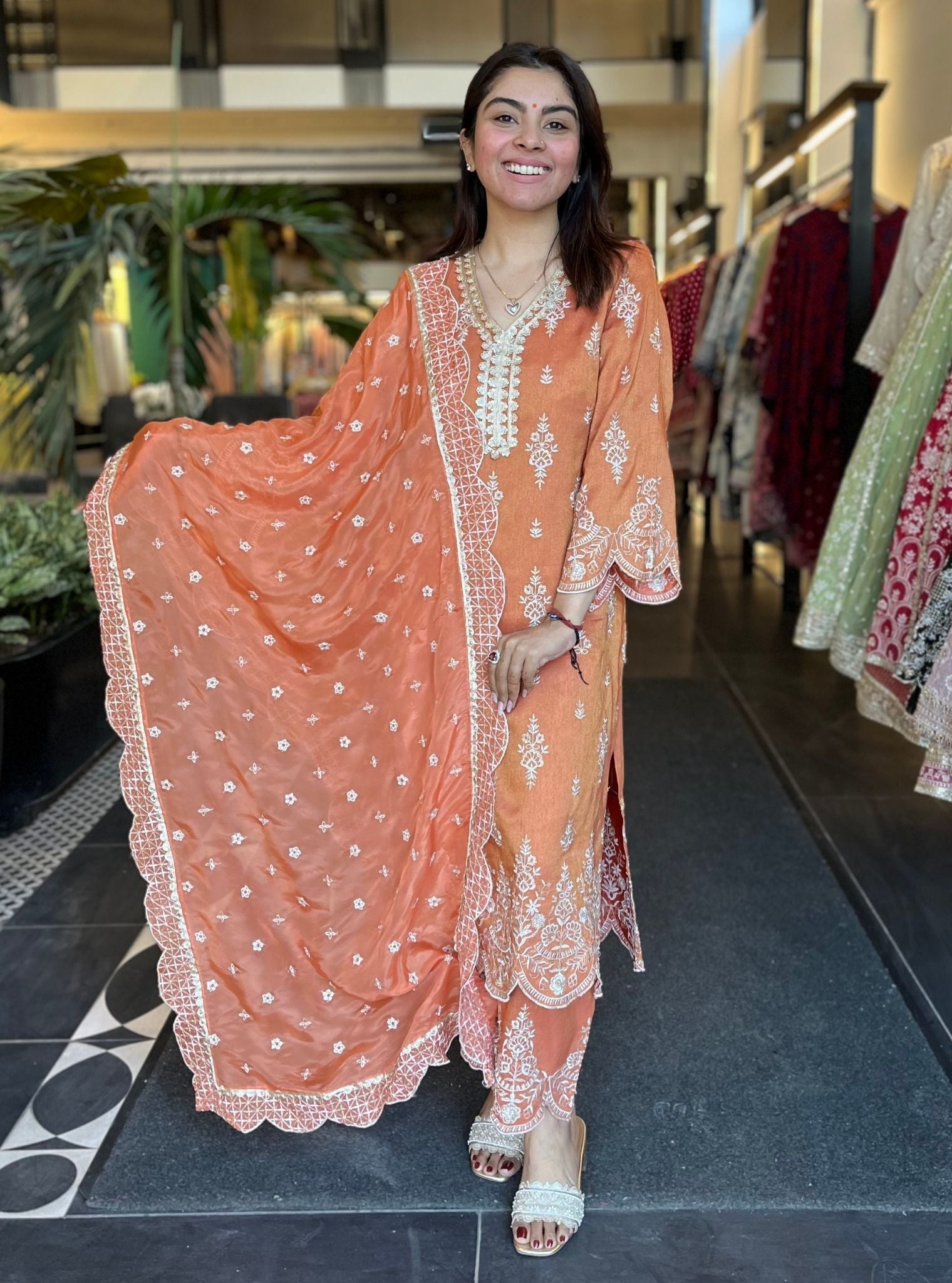 Emon Tissue Linen Satin Burnt Orange Kurta Set