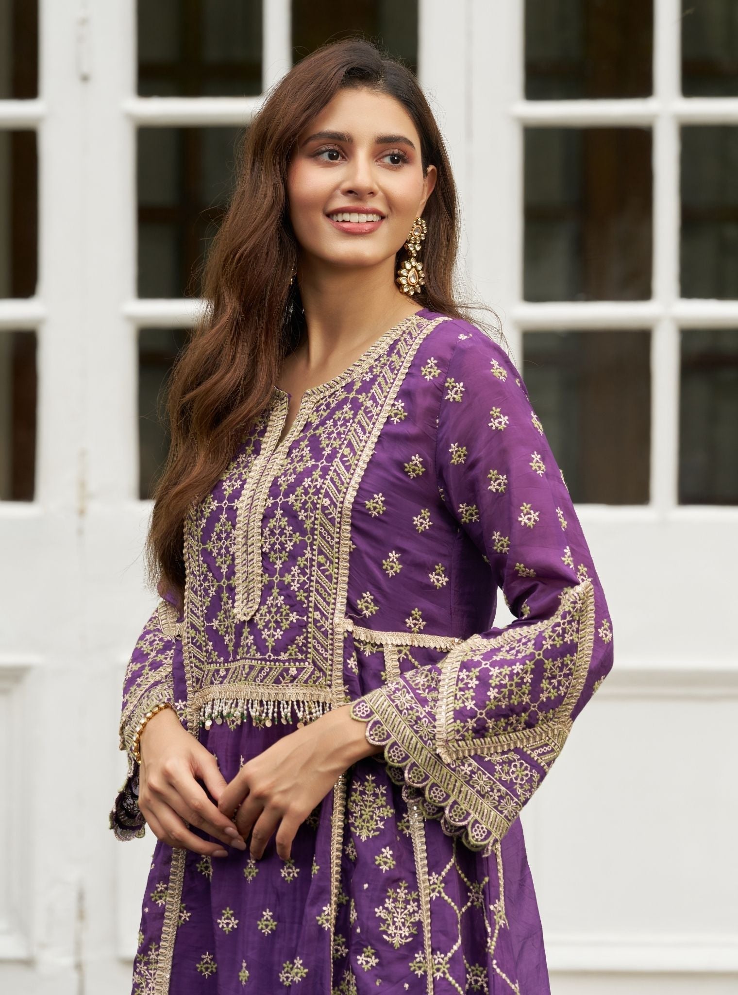 Sundari Viscose Glass Organza Luxe Purple Anarkali Kurta Set