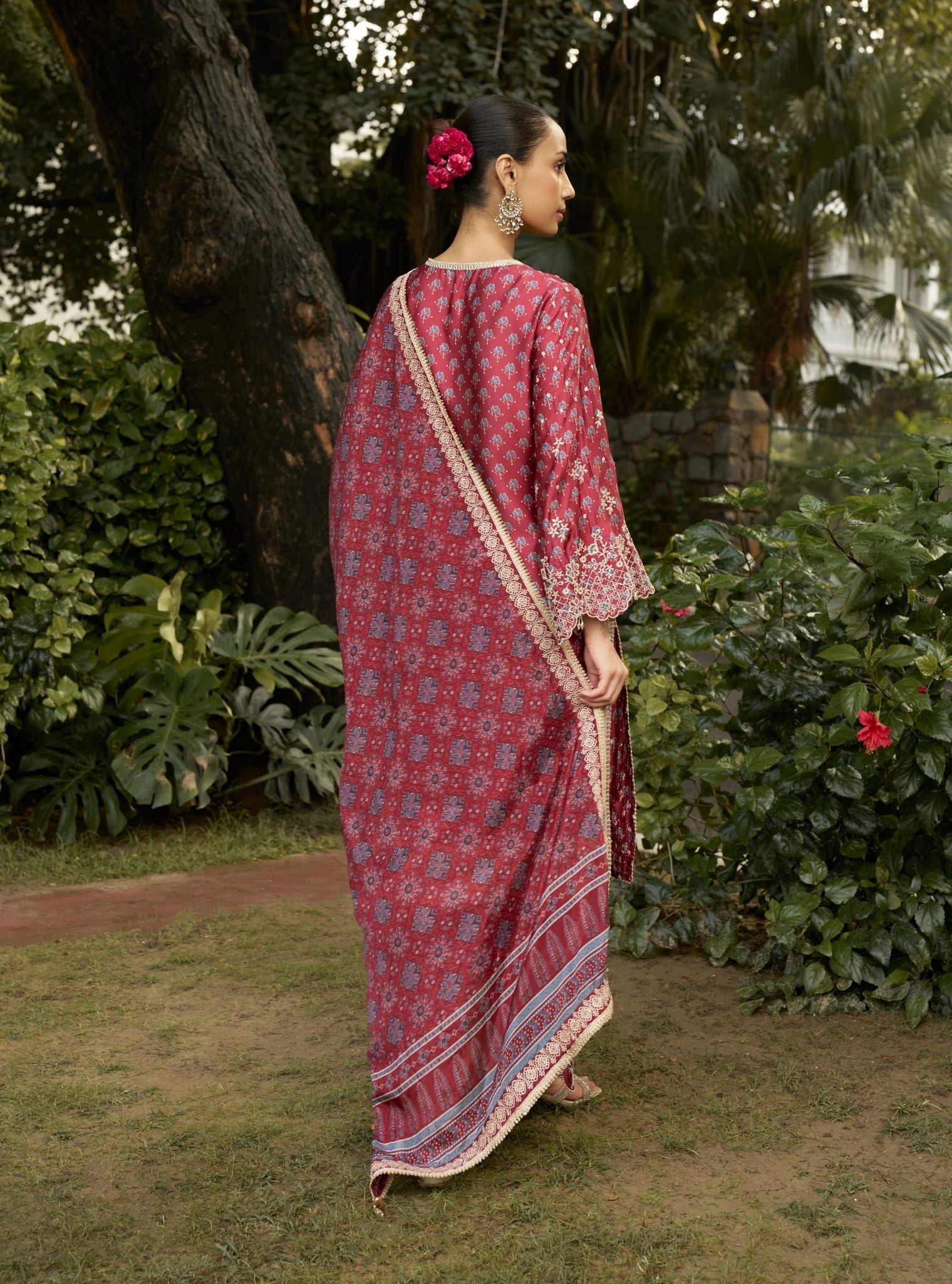 Kissa Cupro Satin Red Ajrakh Print Kurta Set