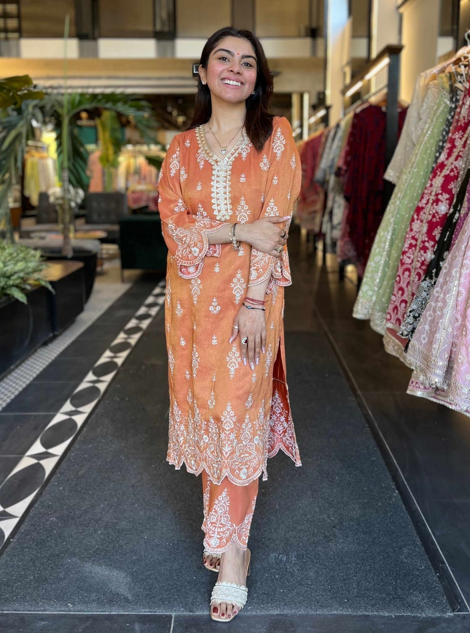 Emon Tissue Linen Satin Burnt Orange Kurta Set