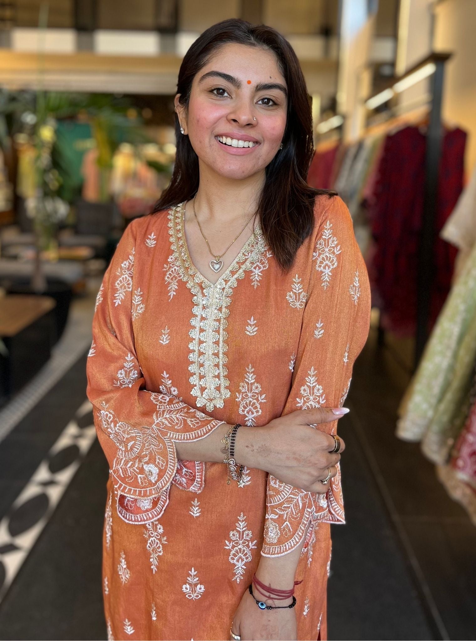 Emon Tissue Linen Satin Burnt Orange Kurta Set