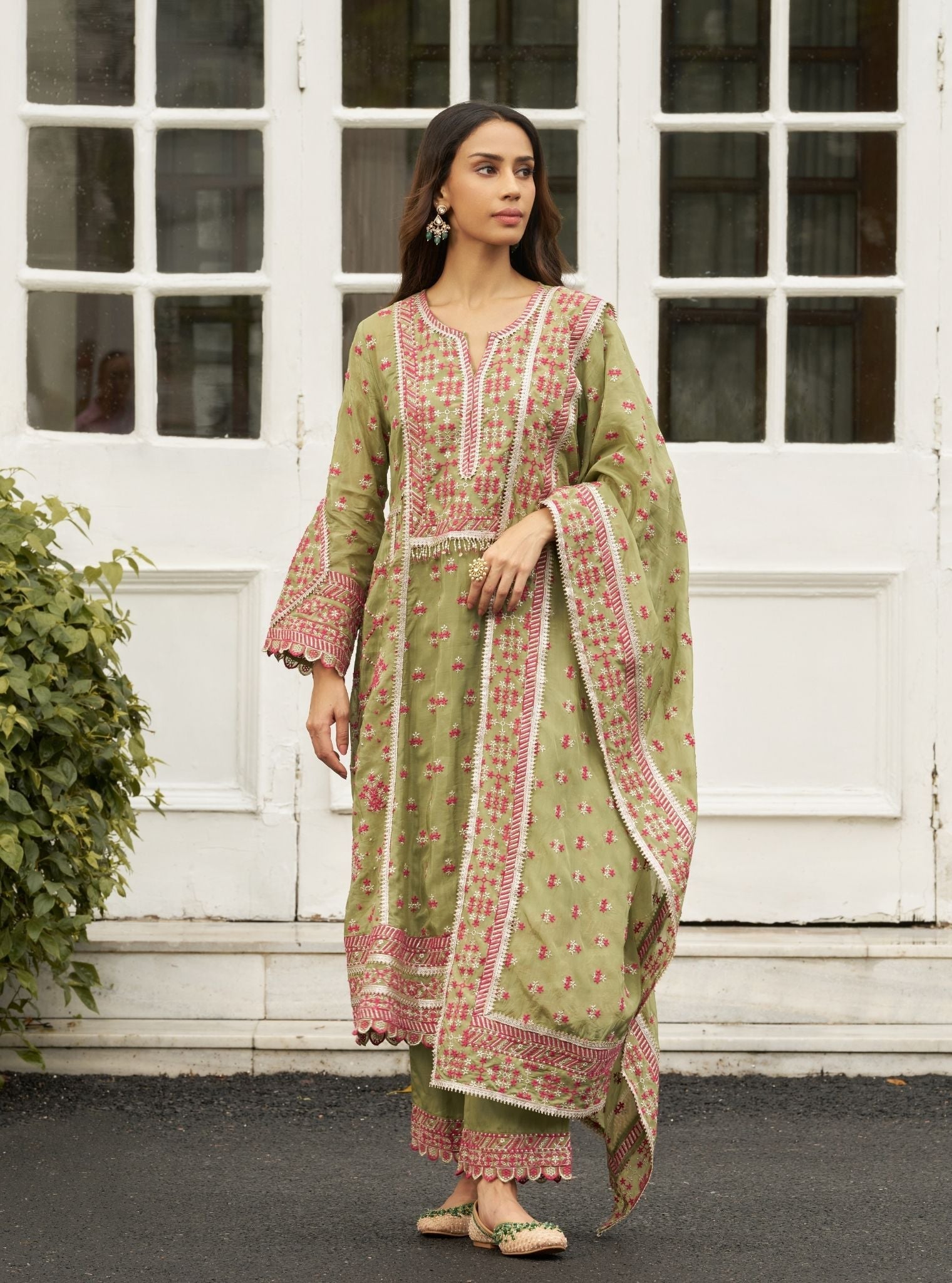 Sundari Viscose Glass Organza Luxe Pista Green Anarkali Kurta Set