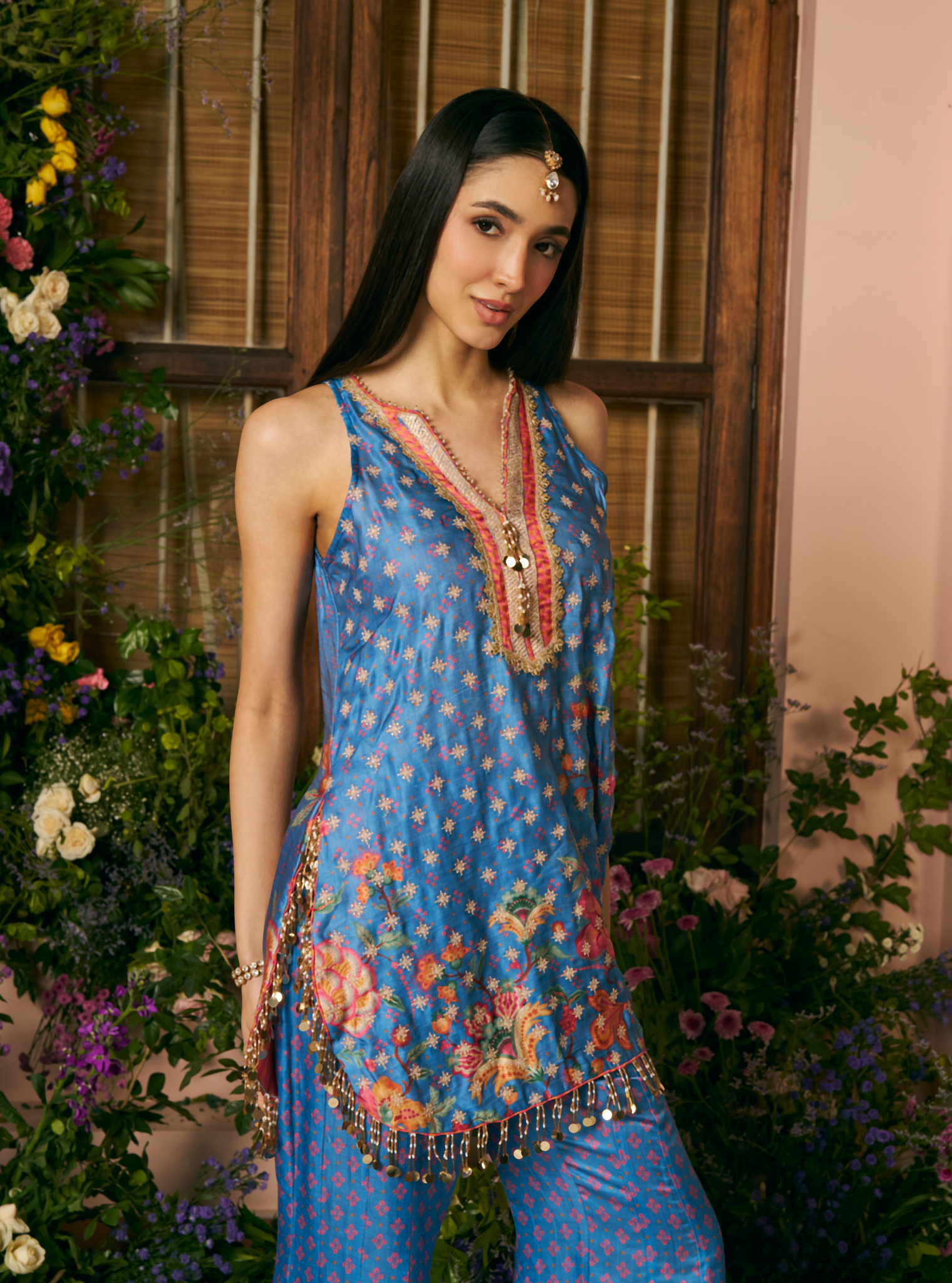 Chakori Linen Satin Steel Blue Printed Kurta Set