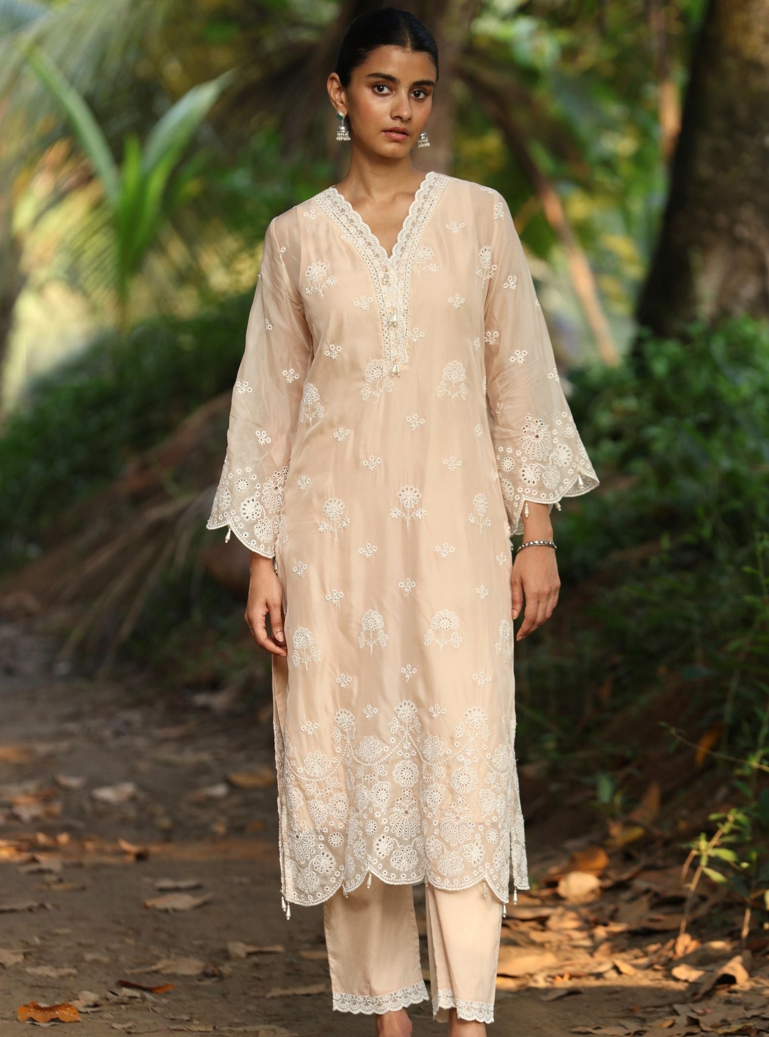 Mulmul Organza Kiyan Beige Kurta With Mulmul Cotton Kiyan Beige Pant