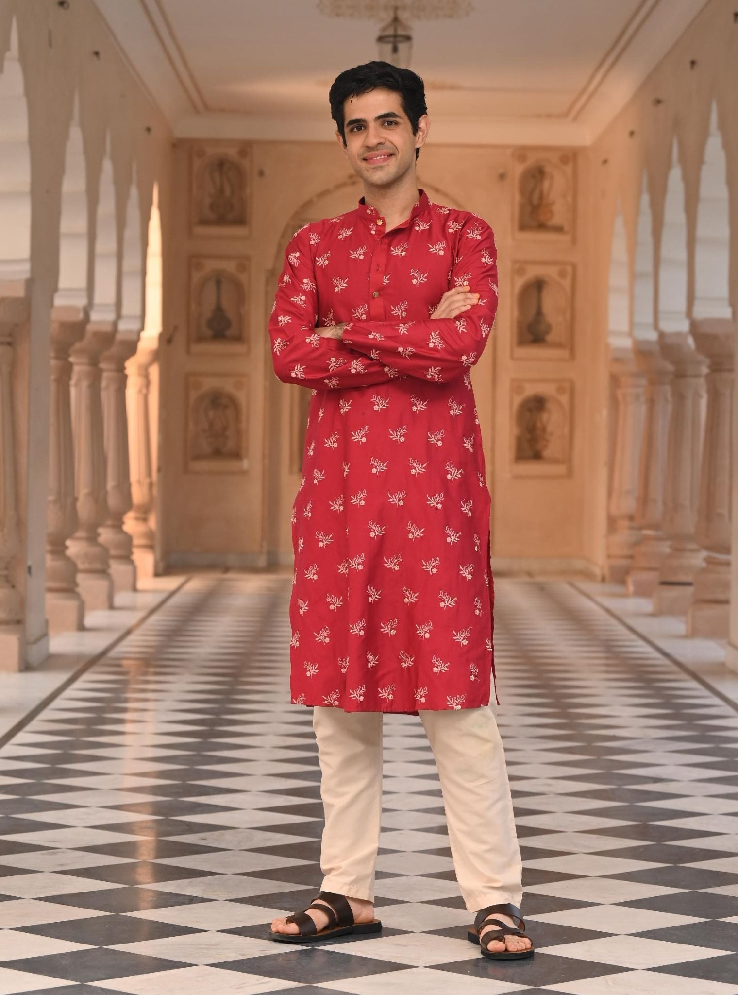 Mulmul Pima Satin Ranjha Red Men Kurta with Mulmul Pima Satin Shava Off White Pyajama