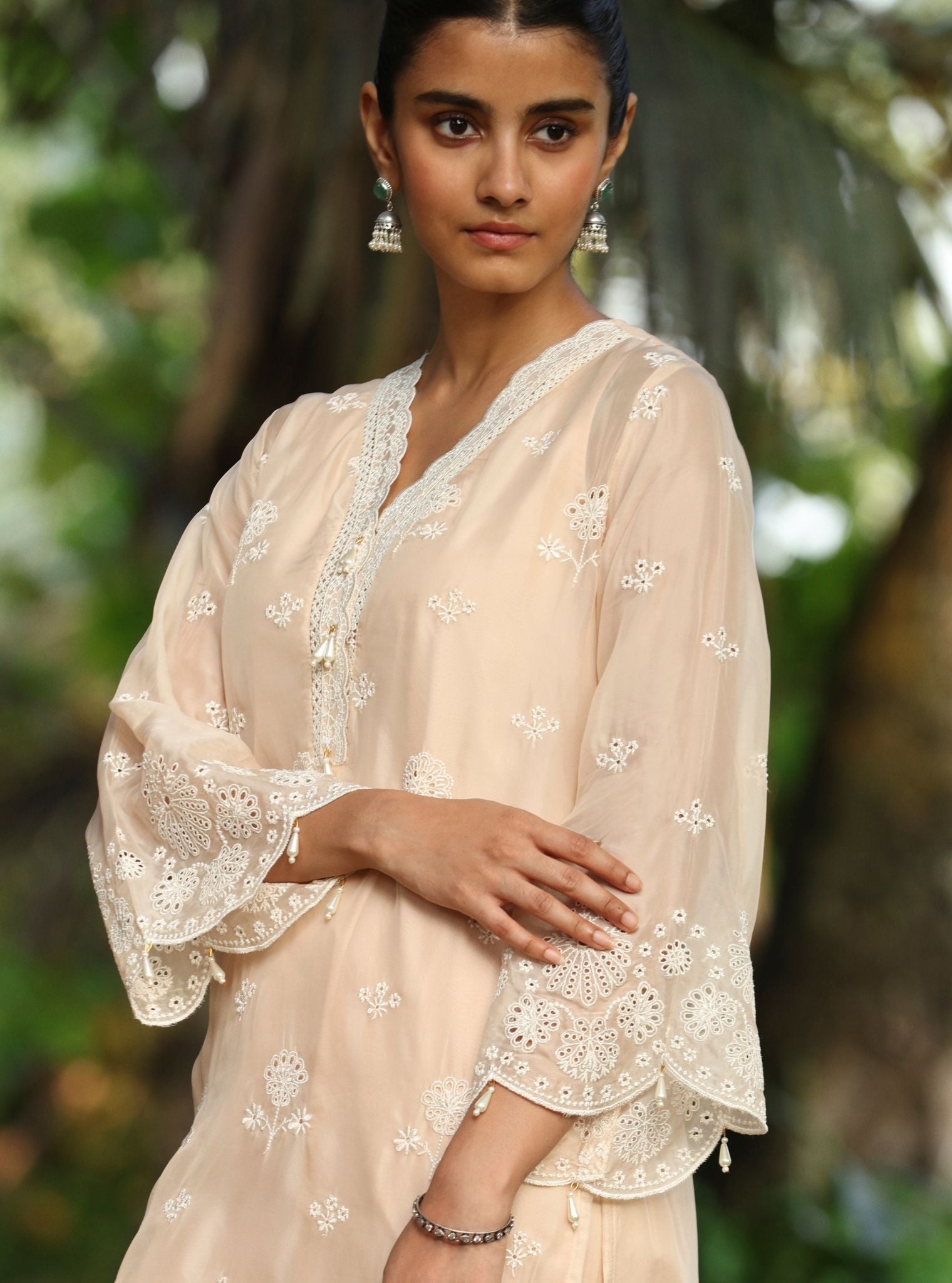 Mulmul Organza Kiyan Beige Kurta With Mulmul Cotton Kiyan Beige Pant