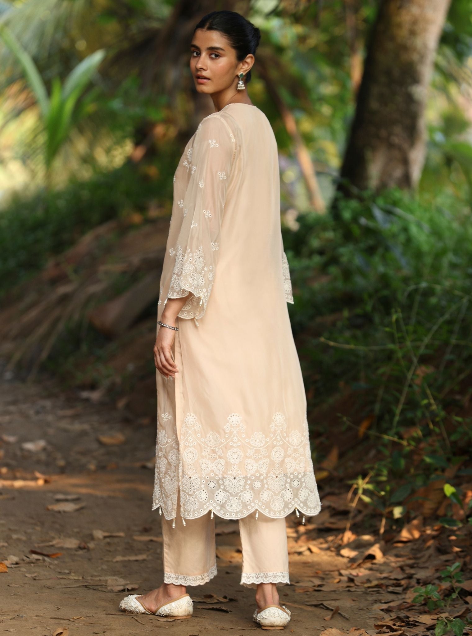 Mulmul Organza Kiyan Beige Kurta With Mulmul Cotton Kiyan Beige Pant