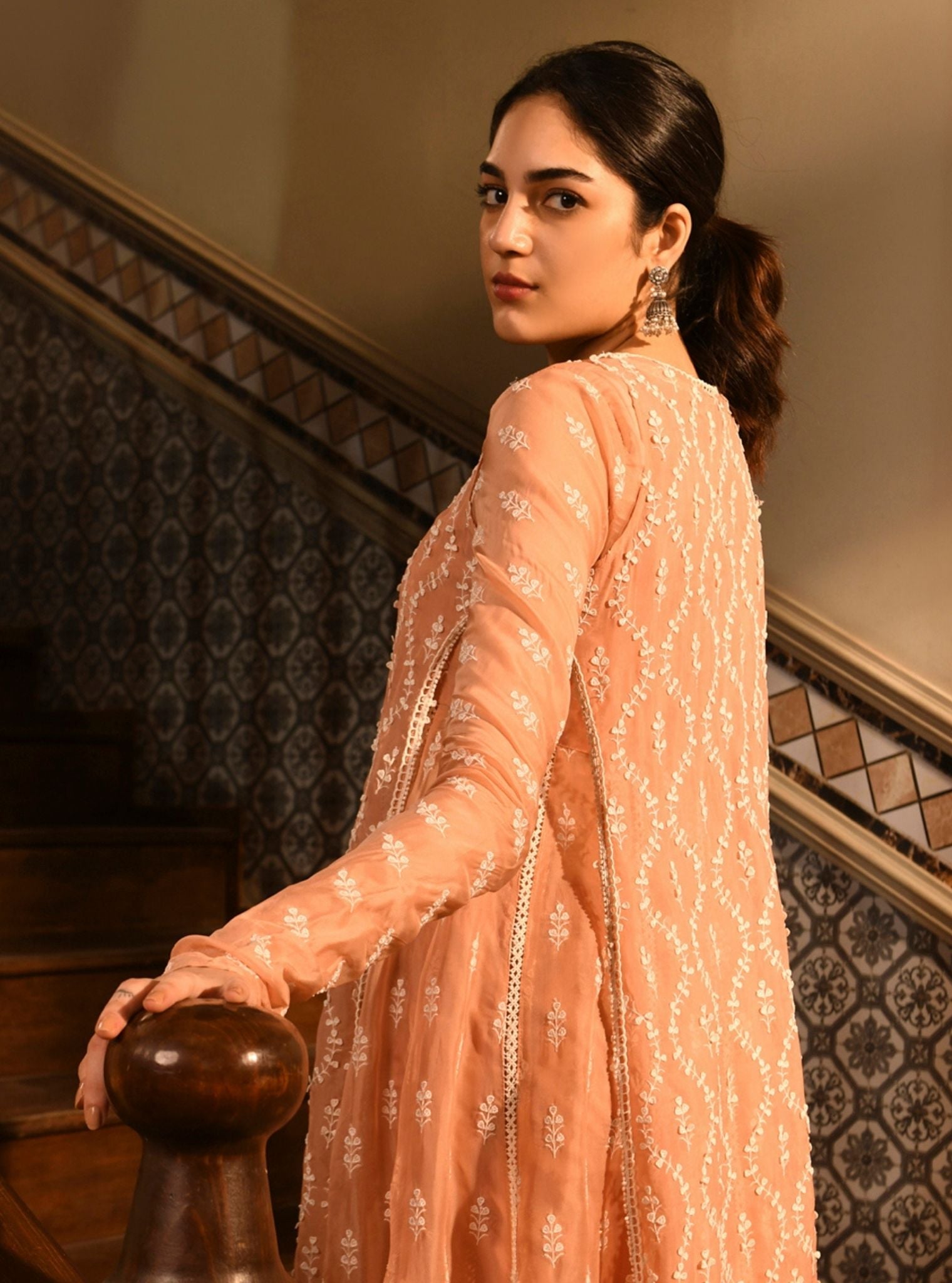 Mulmul Organza Kira Peach Anarkali Kurta With Mulmul Cotton Kira Peach Pant