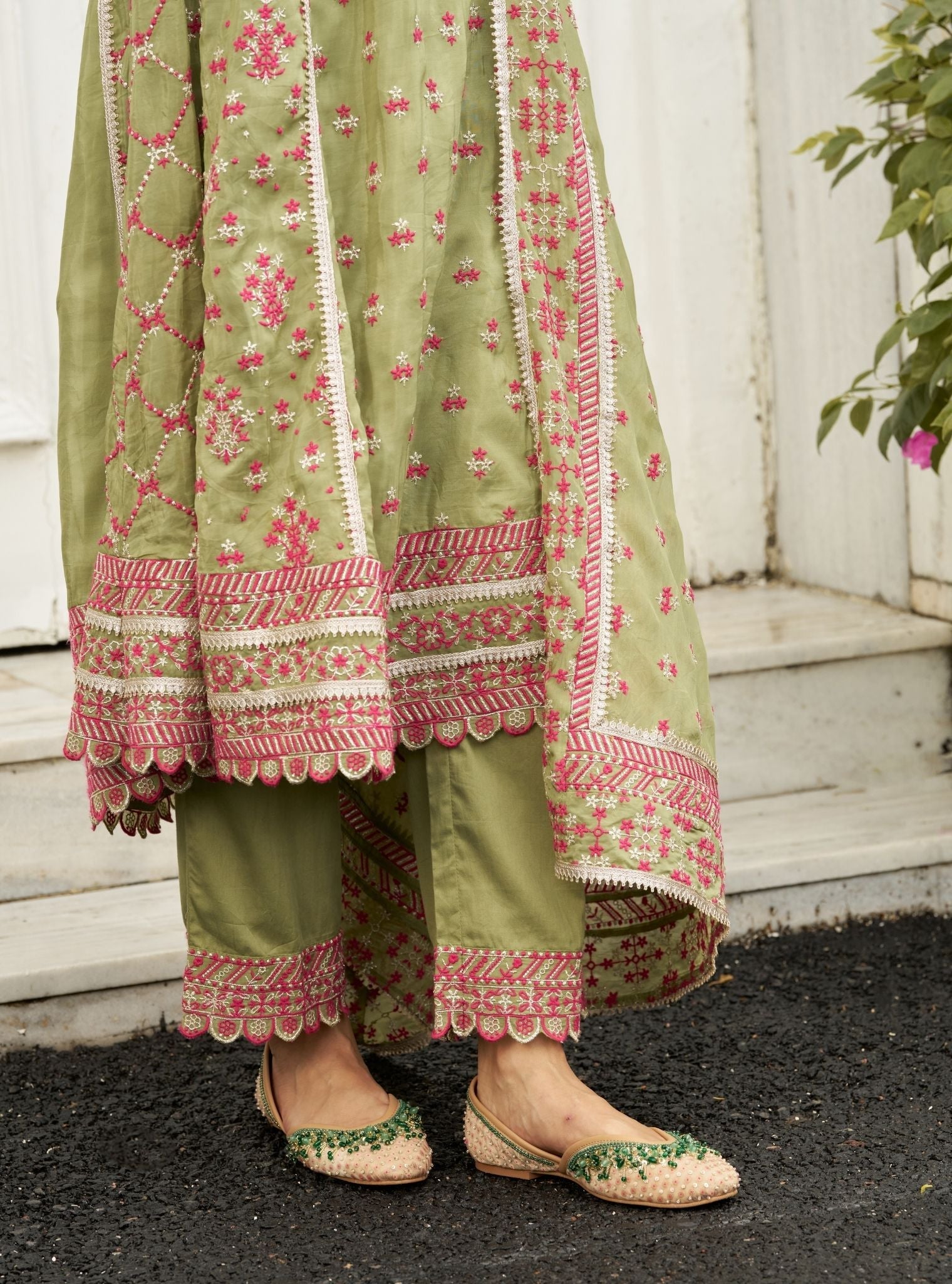 Sundari Viscose Glass Organza Luxe Pista Green Anarkali Kurta Set