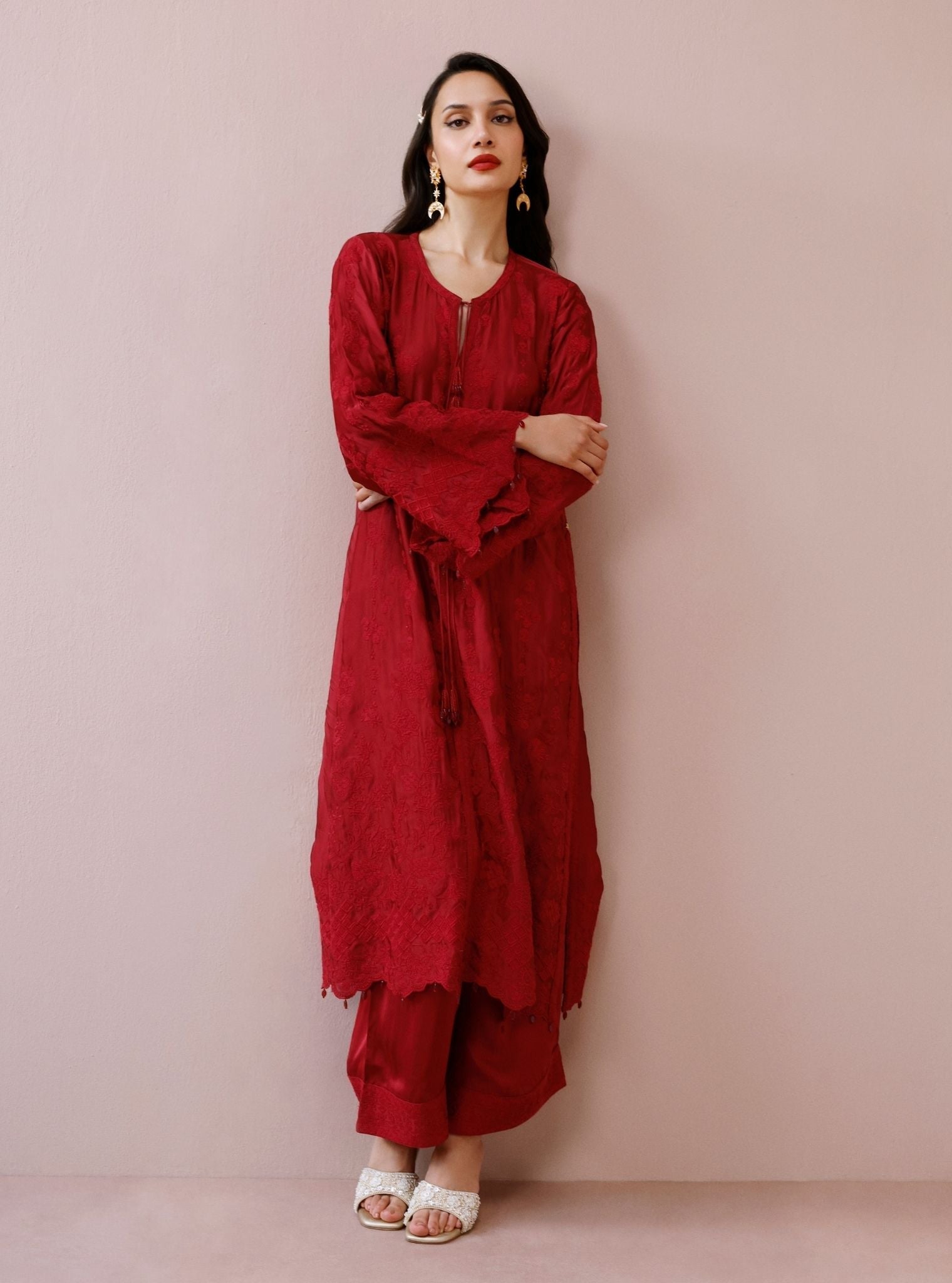 Arlette Cupro Satin Red Long Kaftan Set