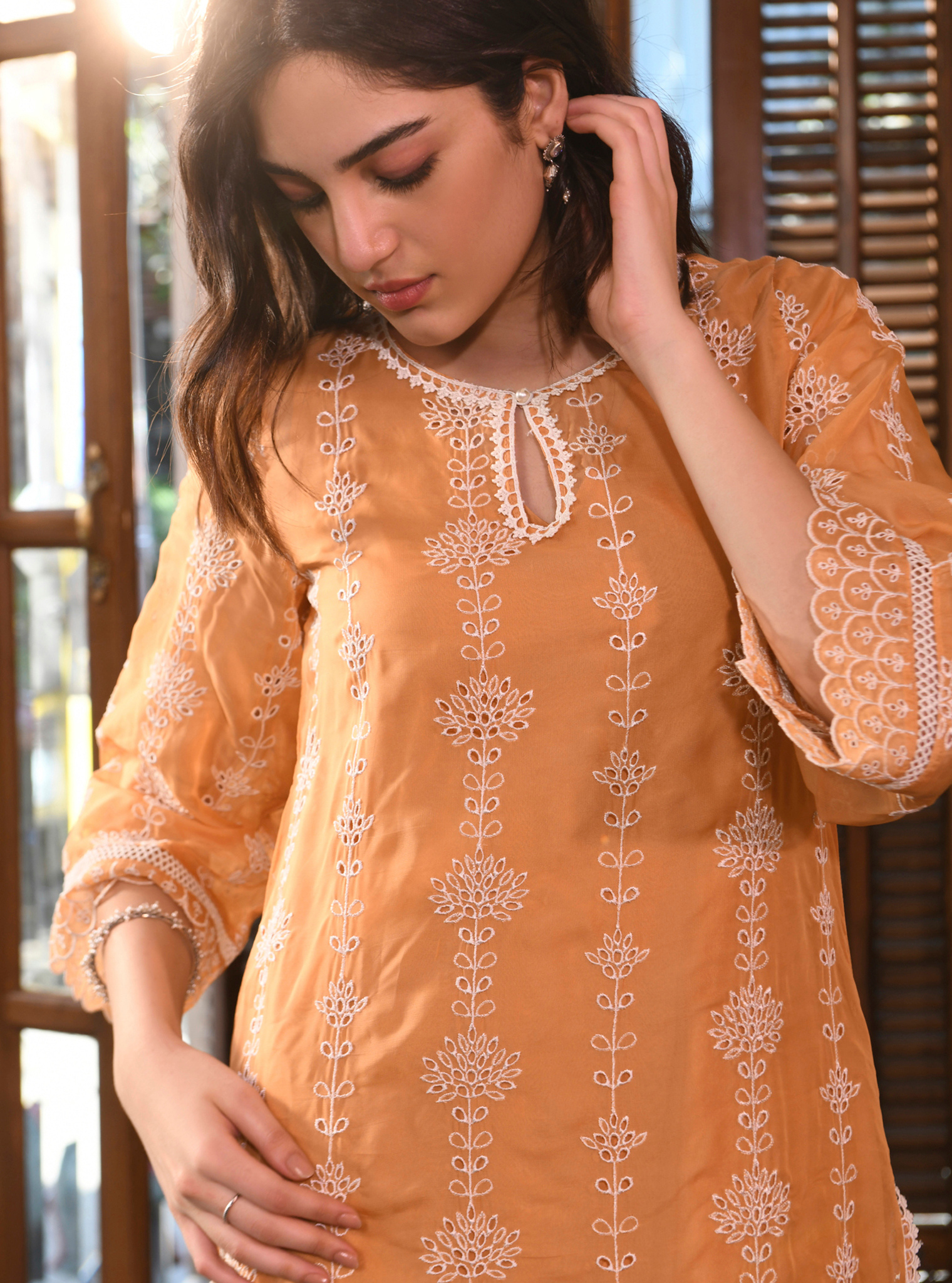 Mulmul Organza Nisrina Orange Kurta With Mulmul Cotton Nisrina Orange Pant