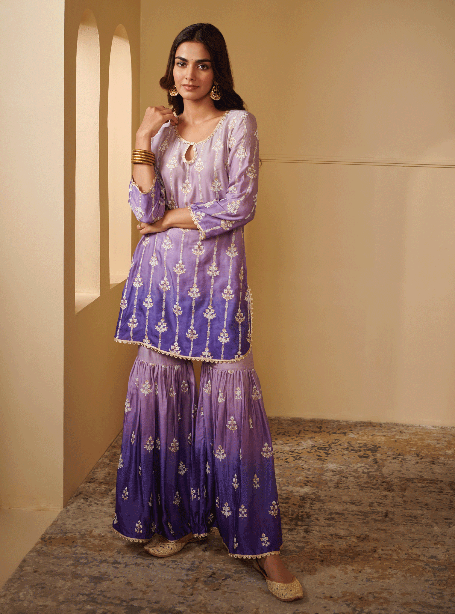 Mulmul Cupro Silk Nurvi Purple Kurta With Nurvi Purple Garara