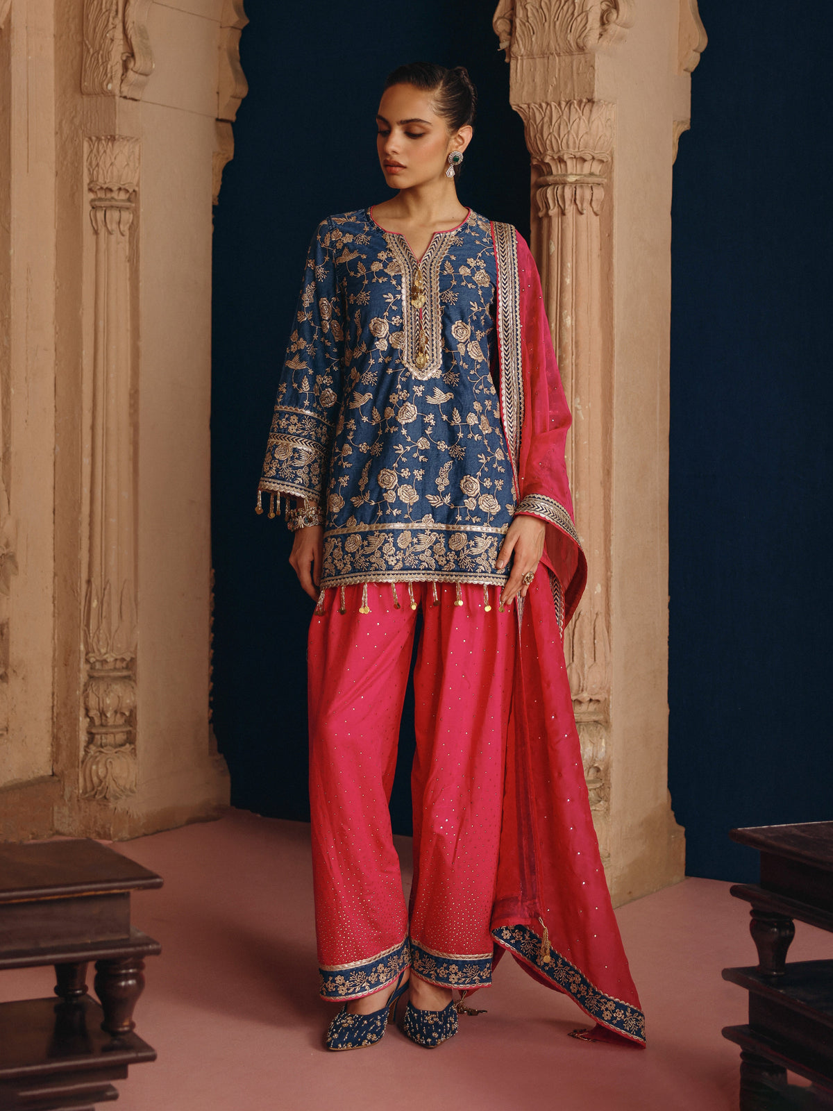 Luni Denim Kurta with Fuchsia Salwar