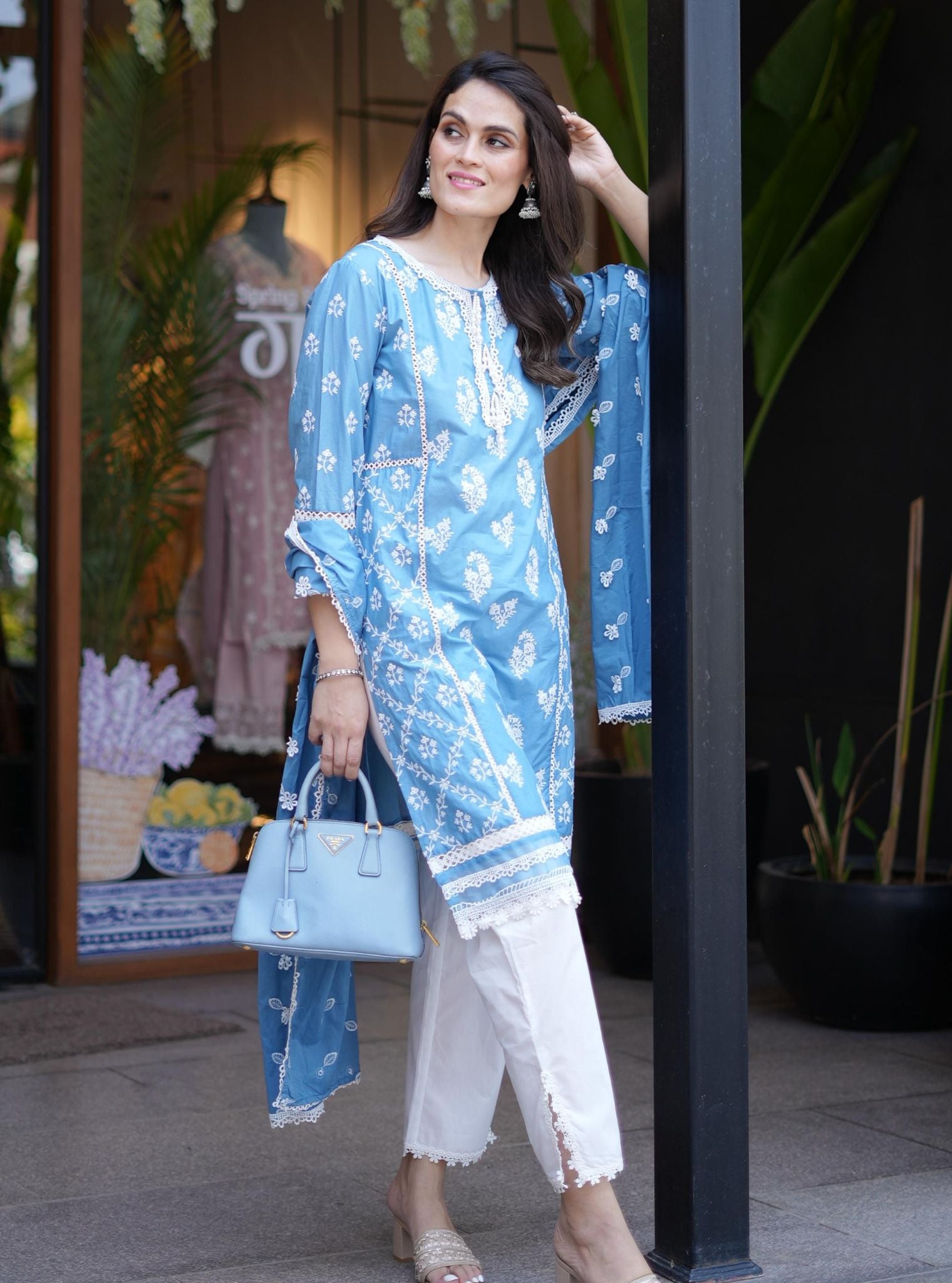 Mulmul Cotton Darya Denim Kurta With Mulmul Cotton Floral Ladder Slim White Pant