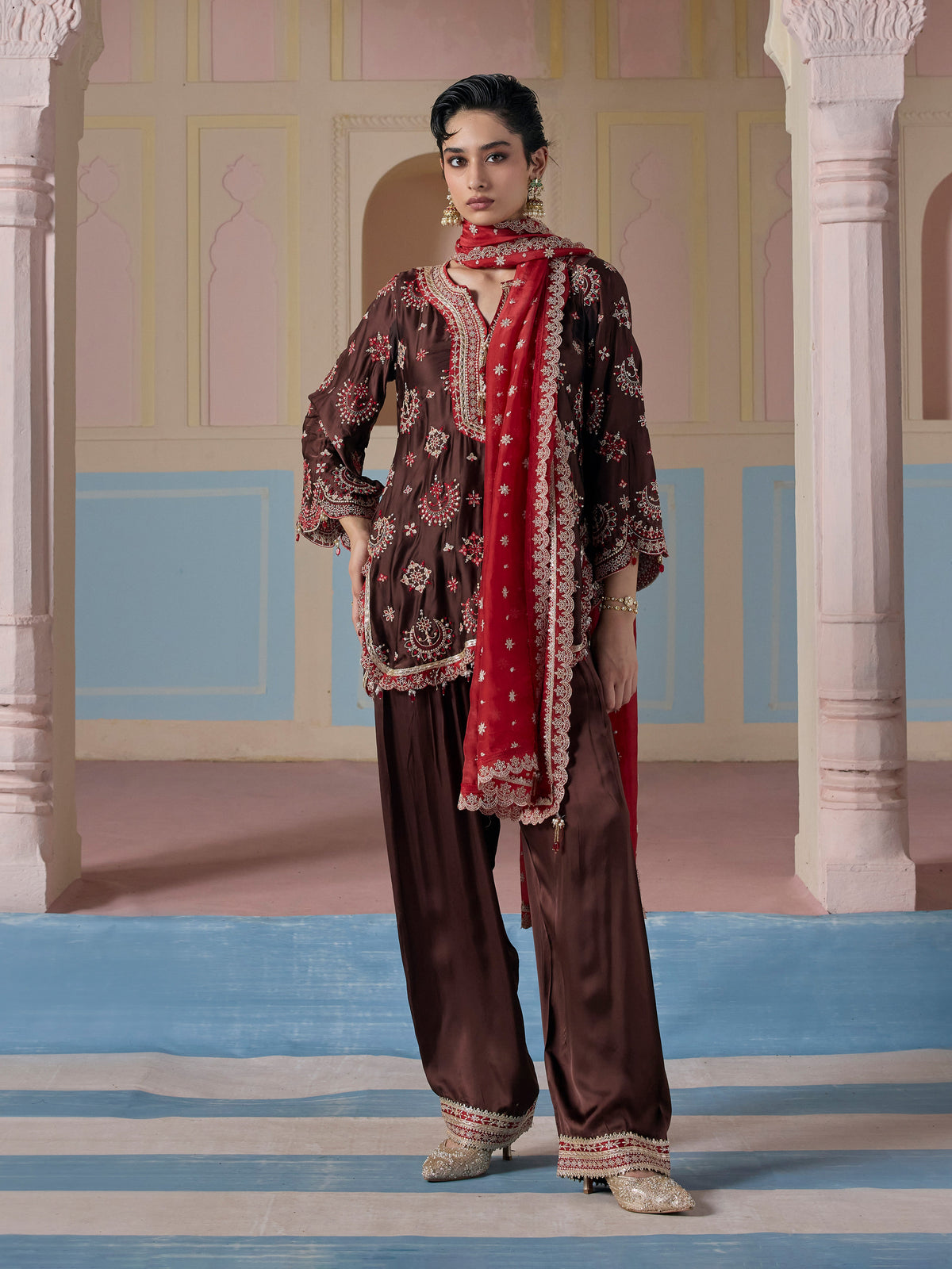 Jori Cupro Satin Brown Kurta With Farshi Salwar