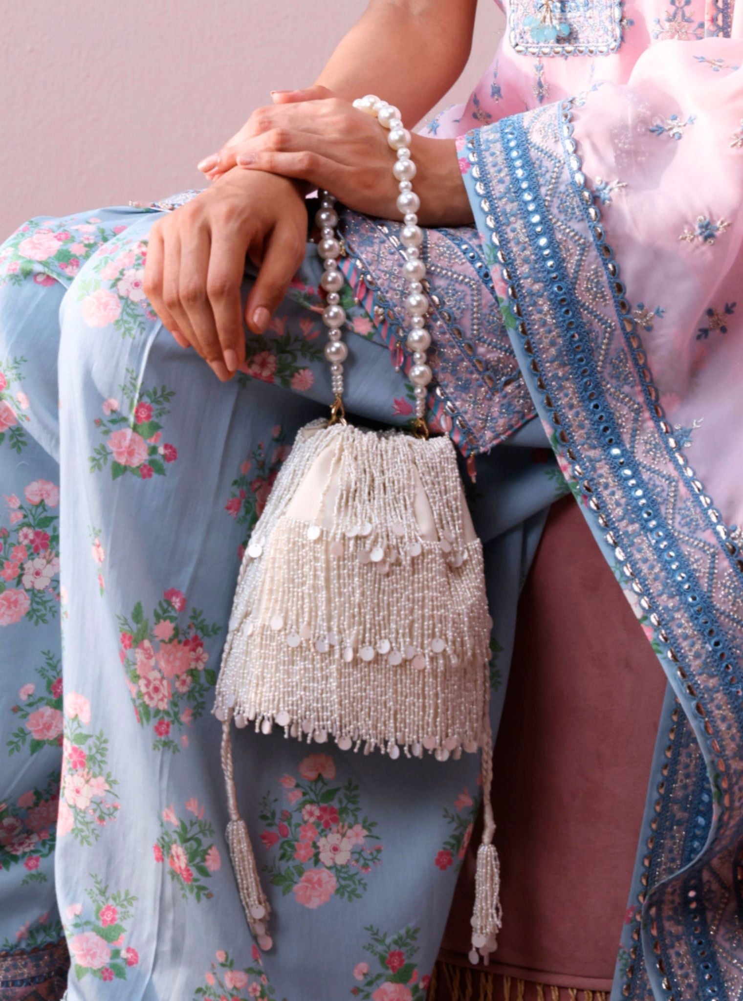 Rasa White Tassel Potli Bag