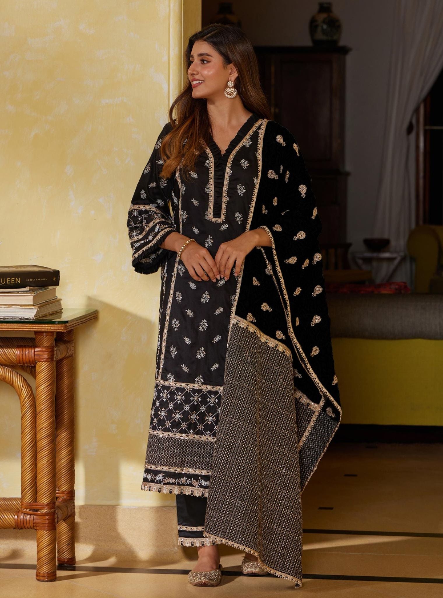 Mulmul Pima Anvesa Black Kurta with Mulmul Pima Anvesa Black Pant