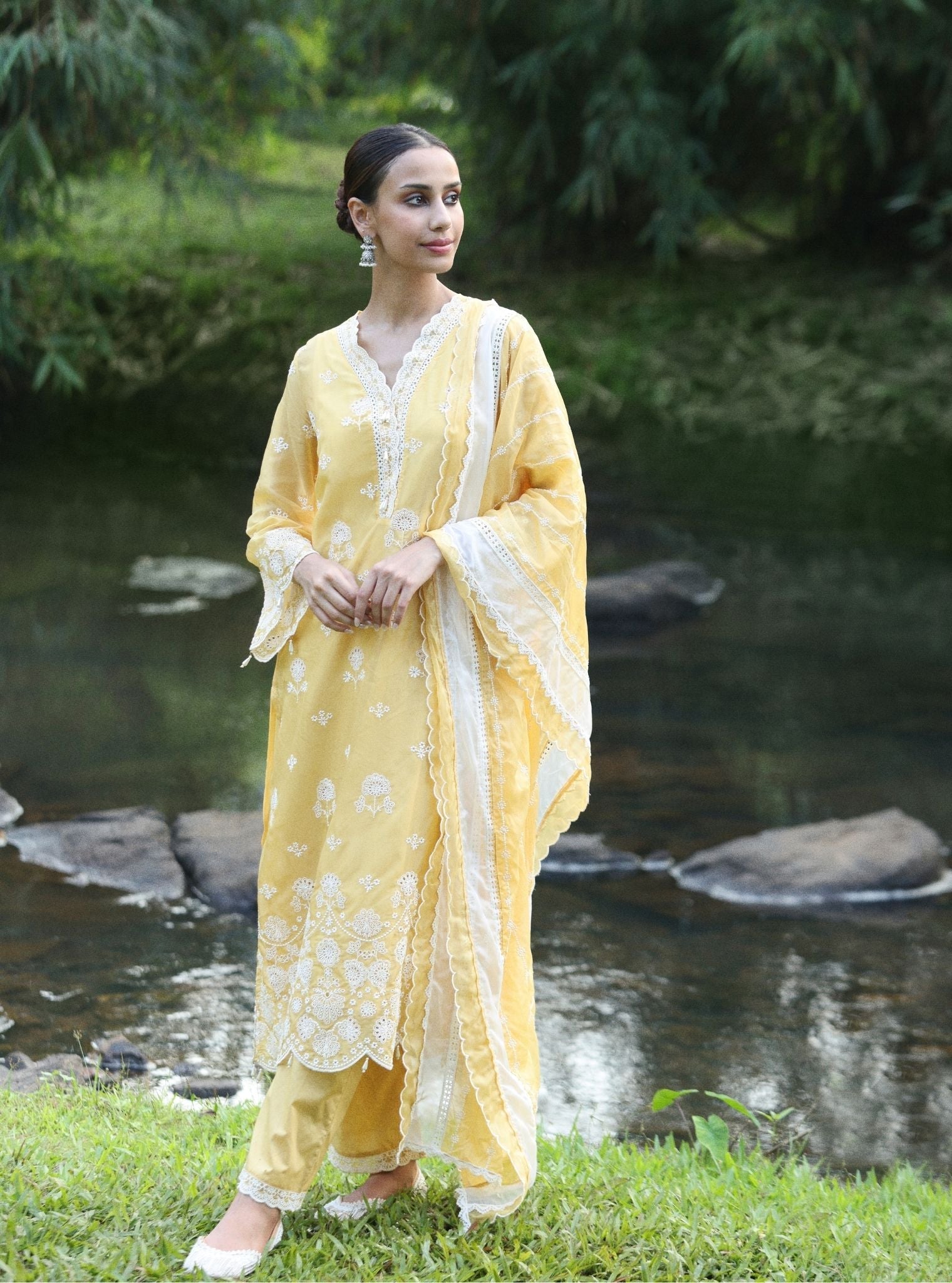 Mulmul Organza Kiyan Yellow Kurta With Mulmul Cotton Kiyan Yellow Pant