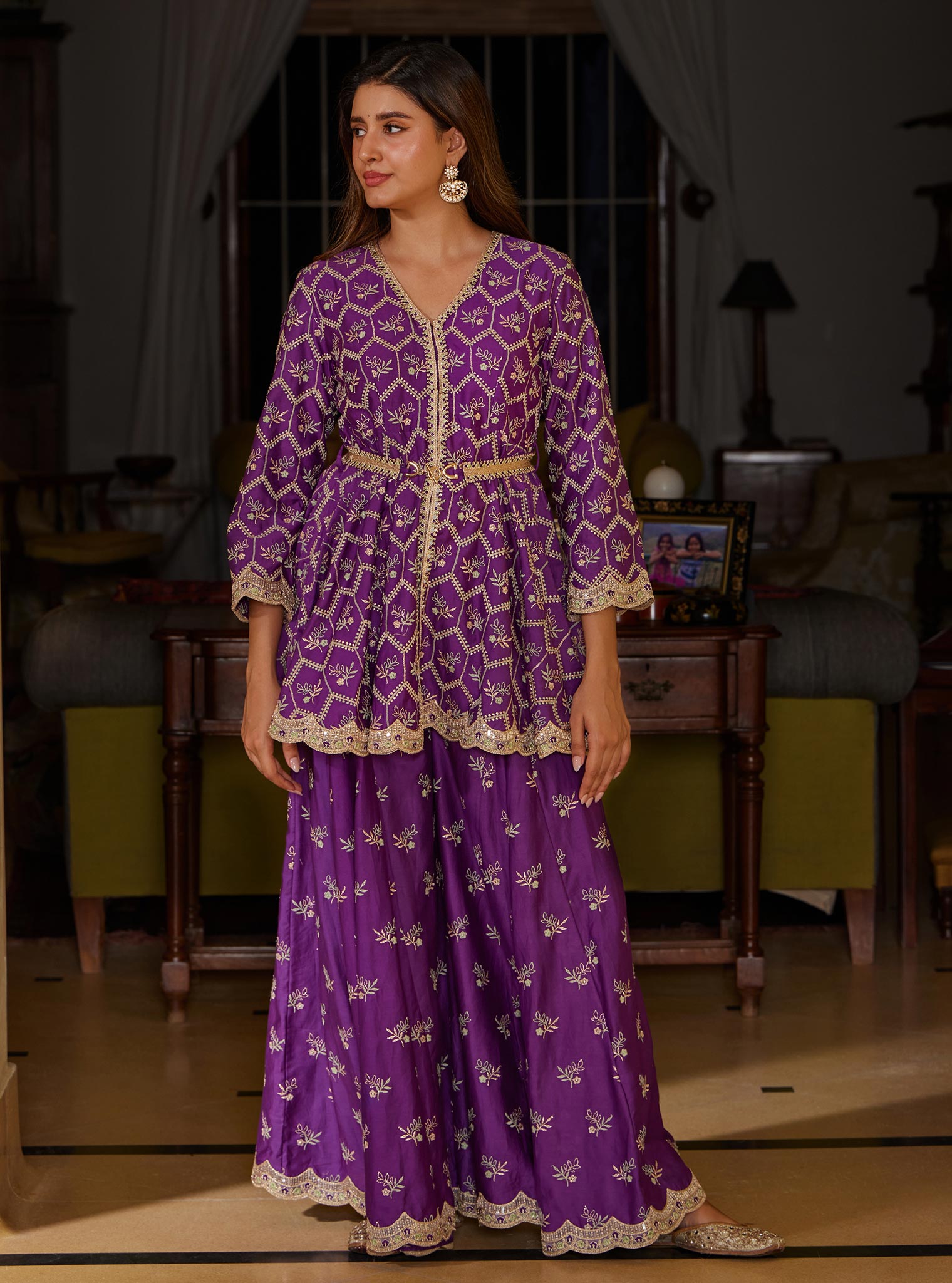 Mulmul Pima Bisini Purple Top With Mulmul Bisini Purple Sharara