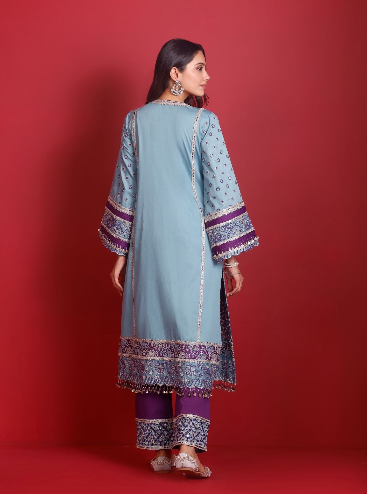 Renu Pima Satin Sky Blue Kurta with Purple Pant Set