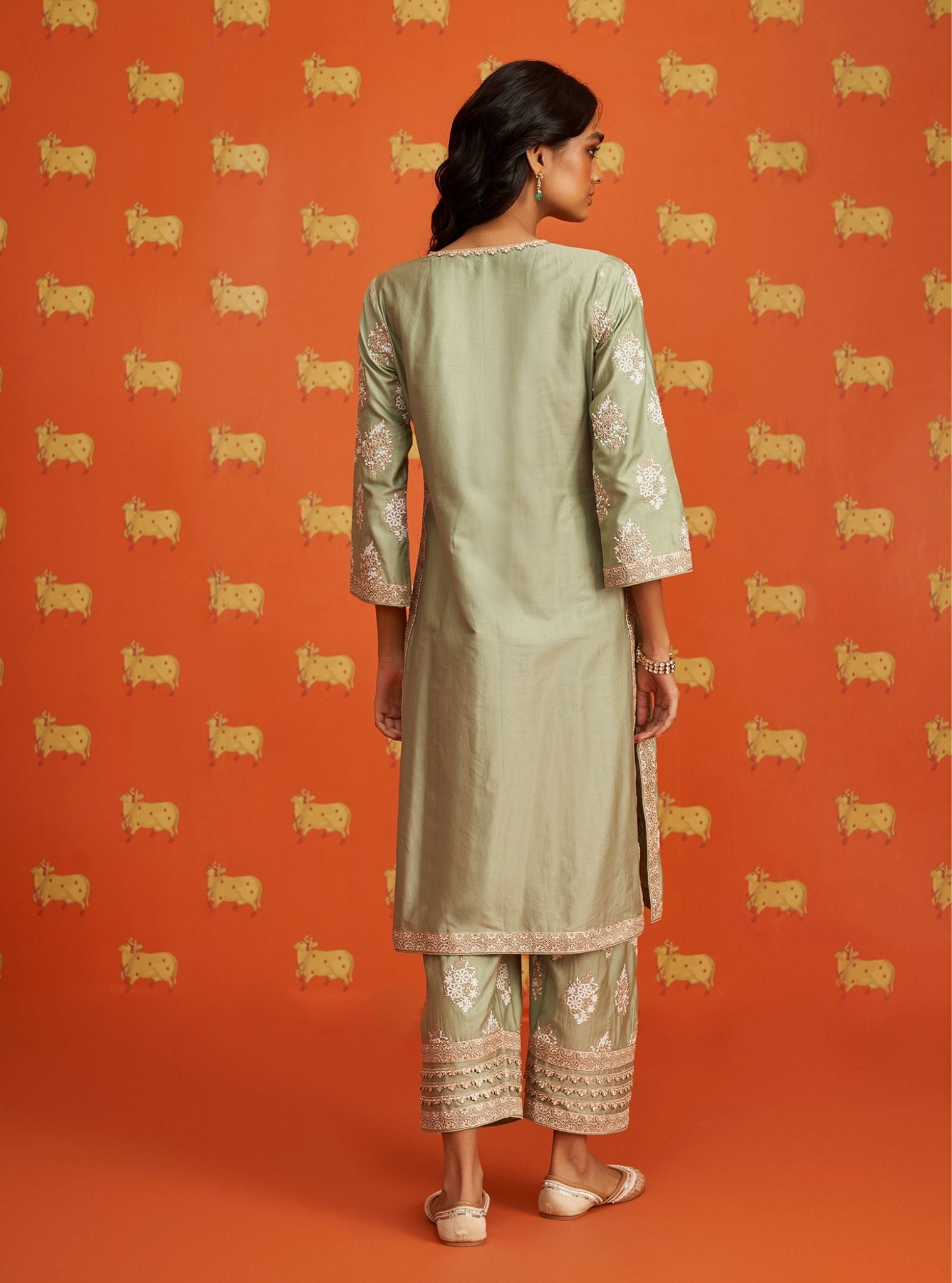 Mulmul Pima Satin Calita Green Kurta With Mulmul Pima Satin Calita Green Pant