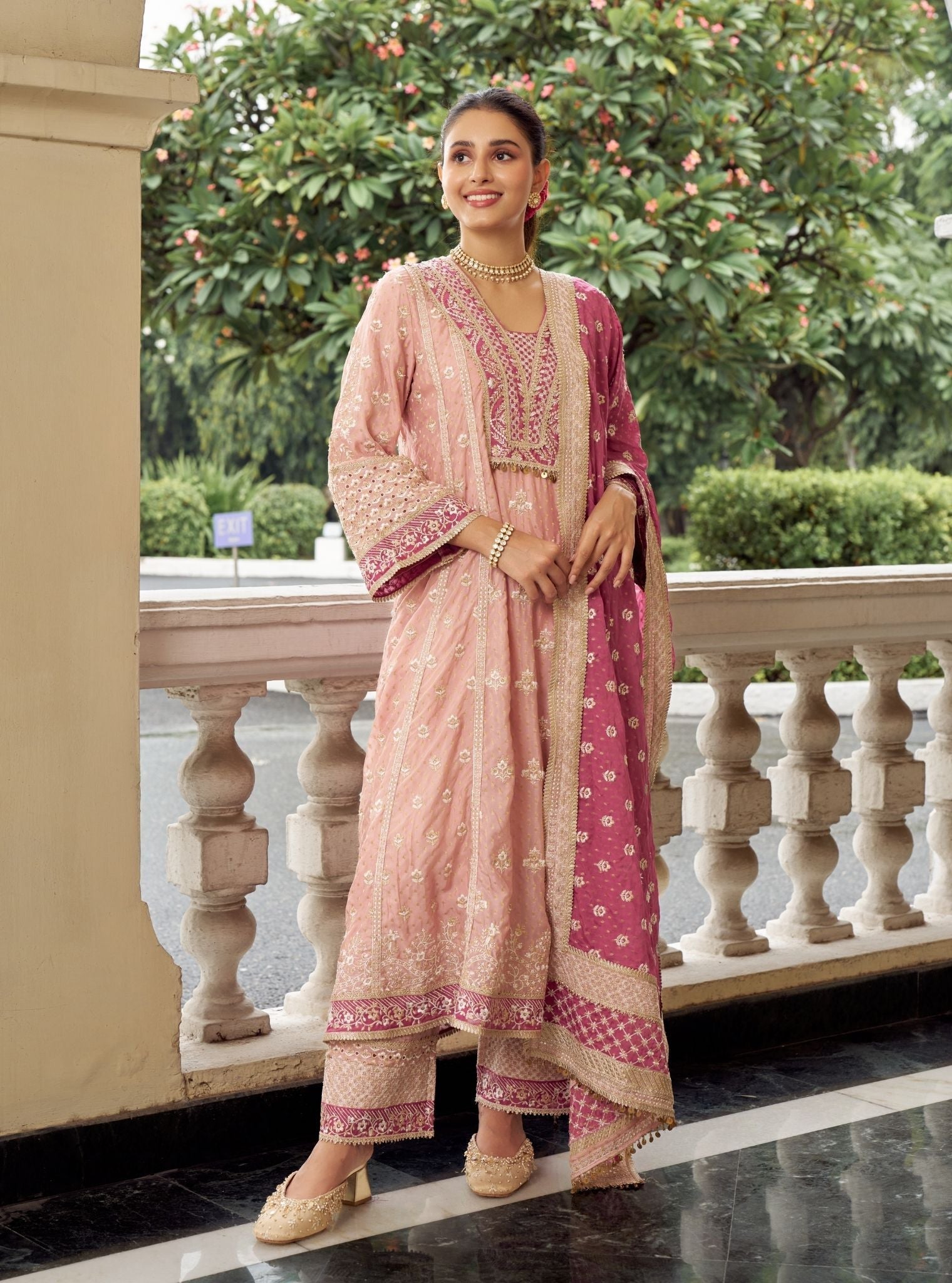 Miraya Banarsi Pink Anarkali Kurta Set