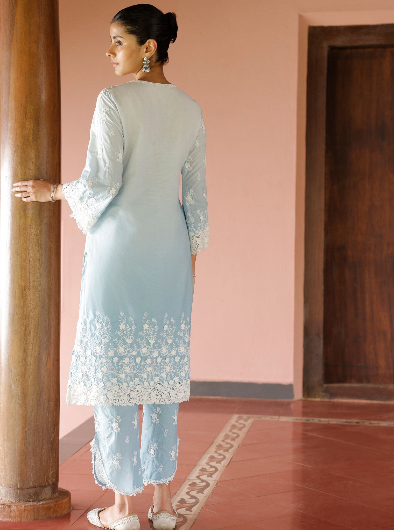 Mulmul Ombre Cotton Zehen Blue Kurta With Mulmul Ombre Cotton Zehen Blue Pant
