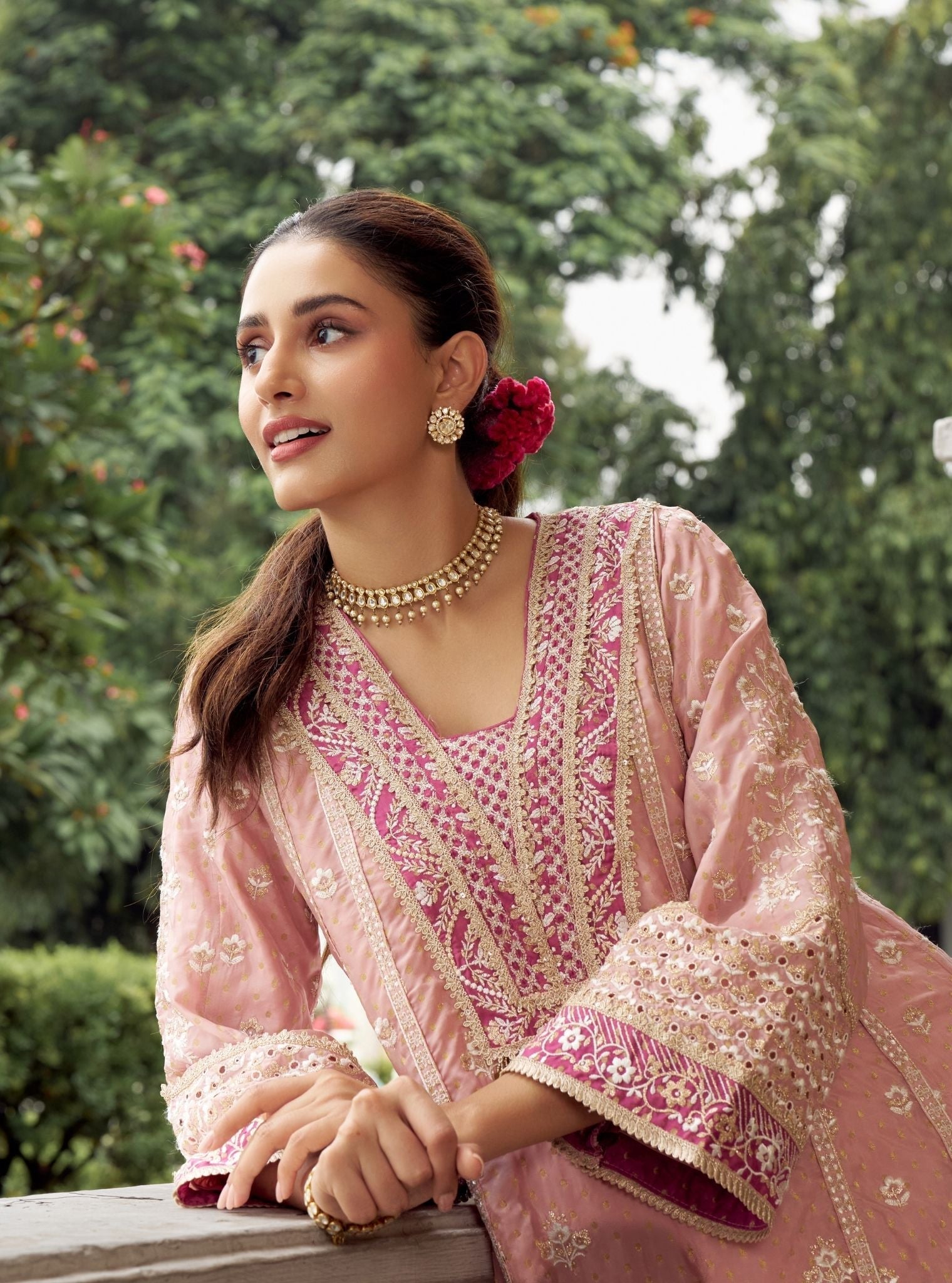 Miraya Banarsi Pink Anarkali Kurta Set
