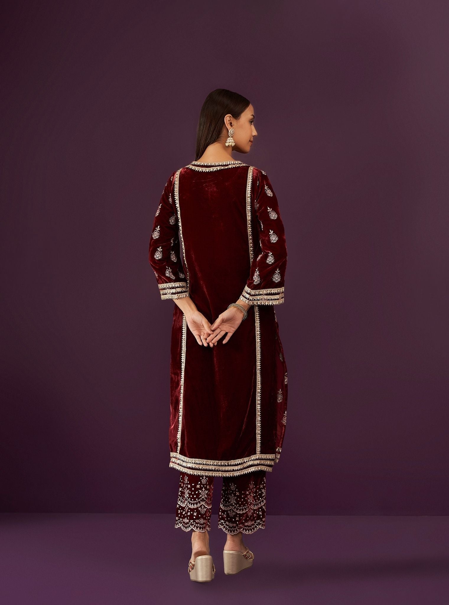 Mulmul Velvet Kumani Wine Kurta With Mulmul Velvet Kumani Wine Pant