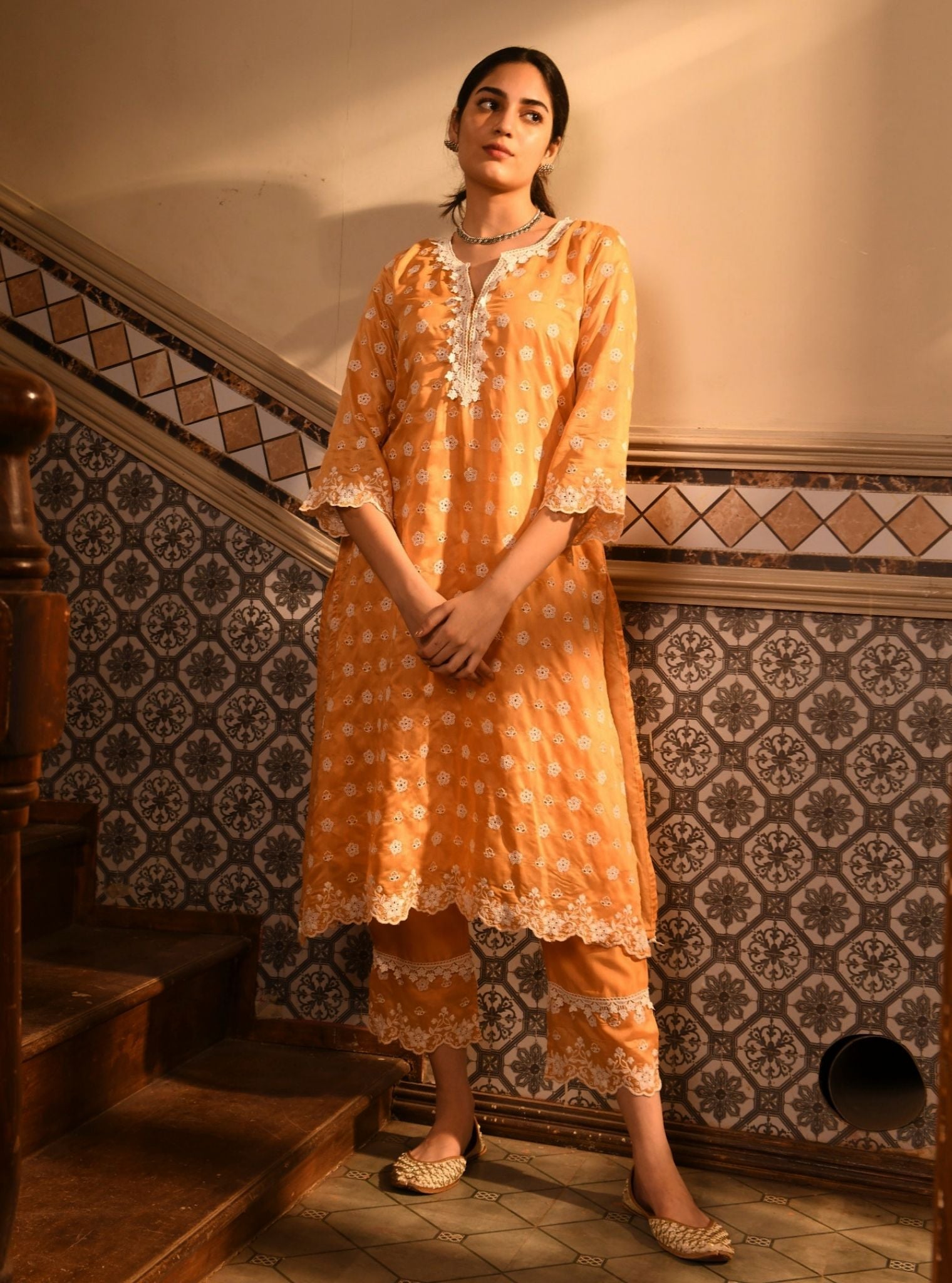 Mulmul Chanderi Miri Orange Kurta With Mulmul Chanderi Miri Orange Pant