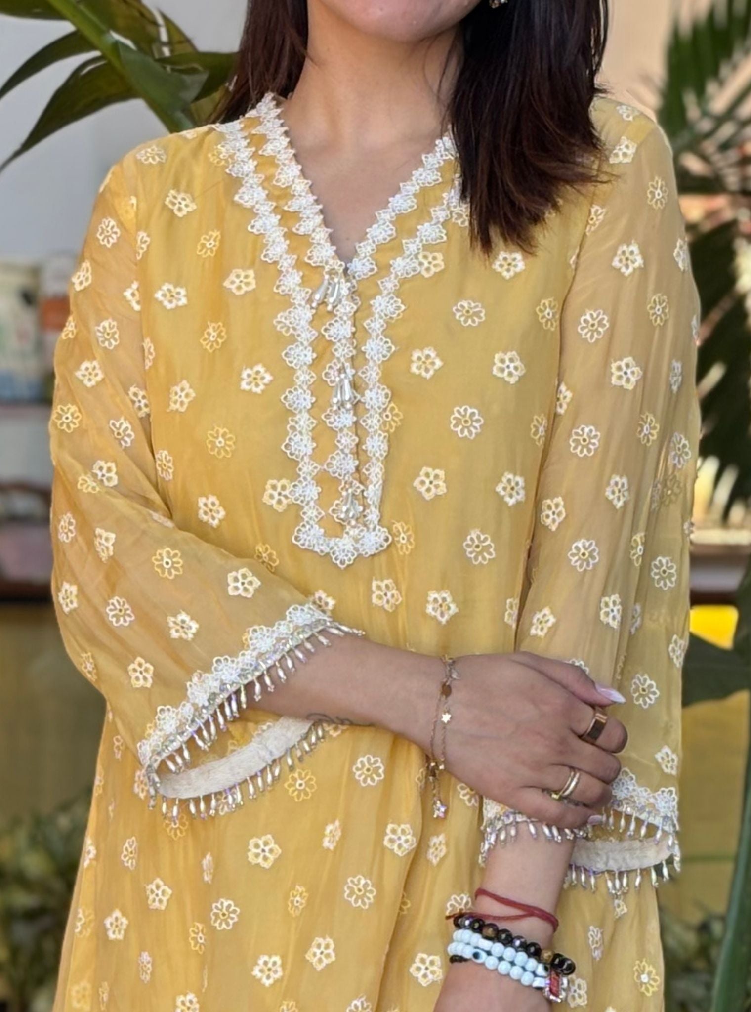 Mulmul Organza Hariette Yellow Kurta With Mulmul Cotton Hariette Yellow Pant