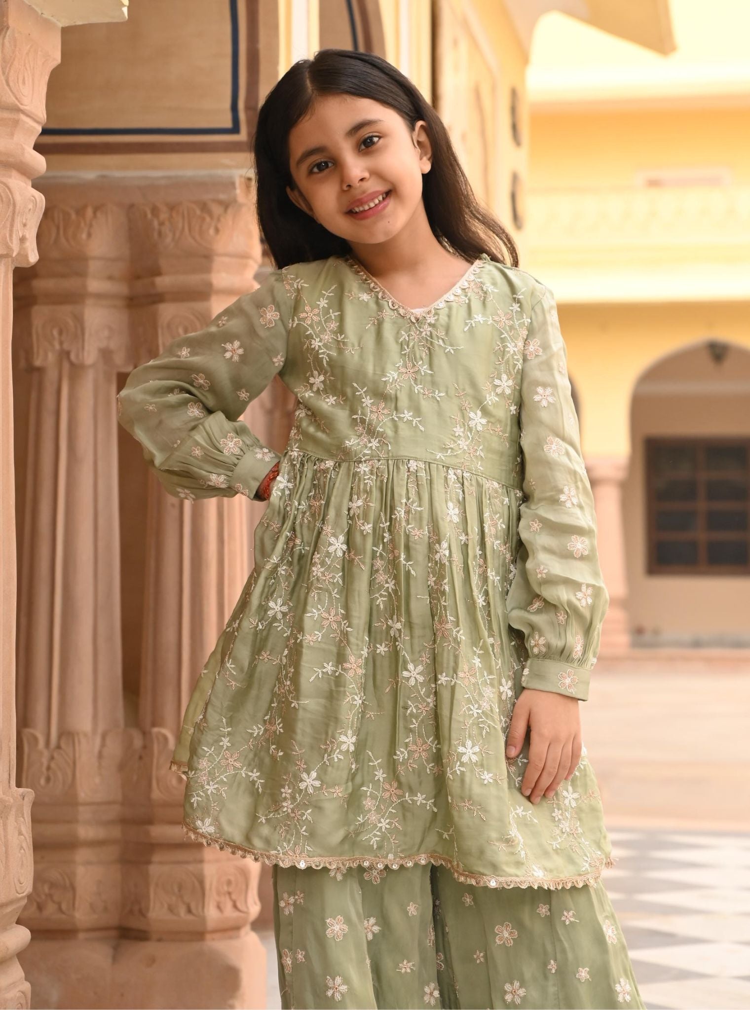 Mulmul Organza Satin Doria Sage Green Kurta with Mulmul Organza Satin Doria Sage Green Sharara