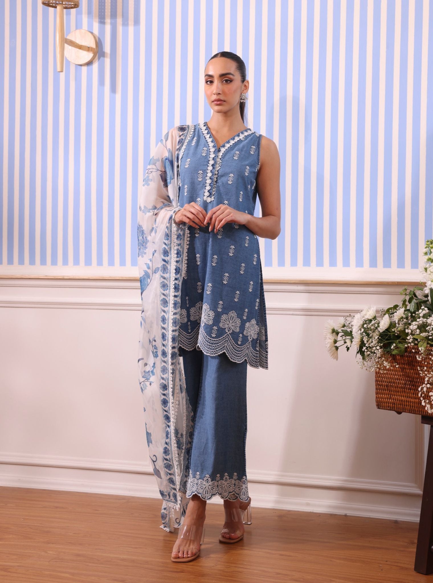 Mulmul Dante Denim Kurta With Mulmul Dante Denim Pant