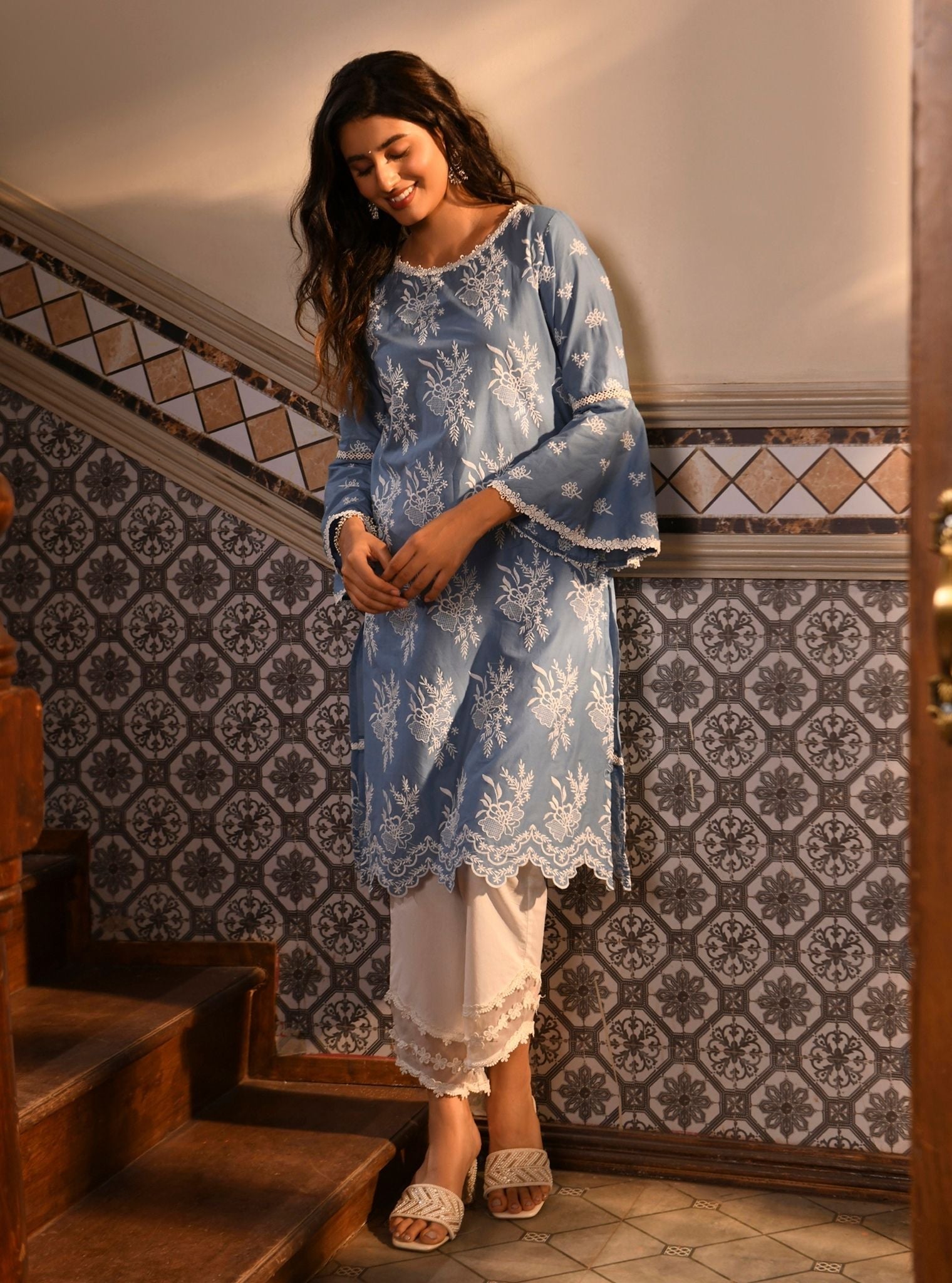 Mulmul Cotton Anisa denim Kurta With Mulmul Cotton Round Hem Organza Panel White Pant