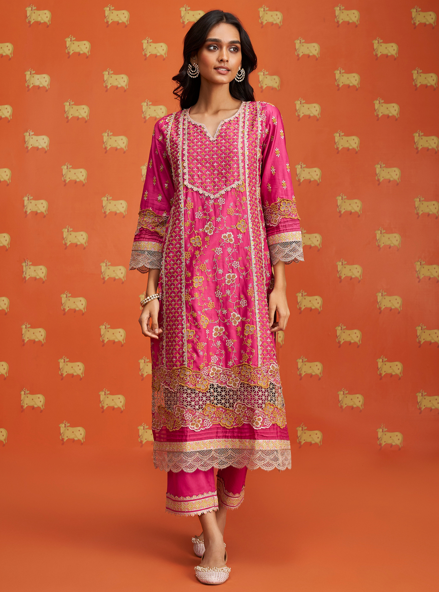 Mulmul Pima Satin Anchali Fuschia Kurta With Mulmul Pima Satin Anchali Fuschia Pant