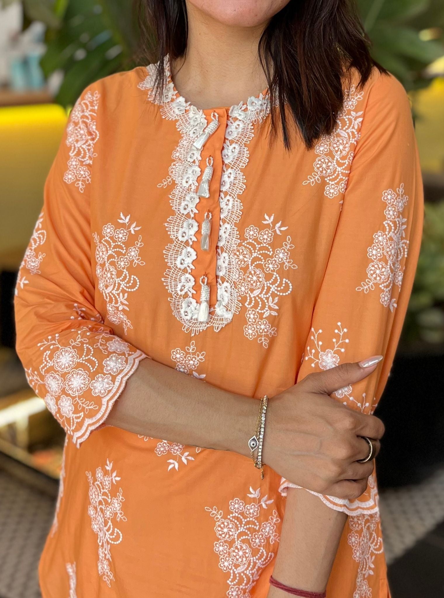 Mulmul Cotton Perla Orange Kurta With Mulmul Cotton Floral Ladder Slim White Pant