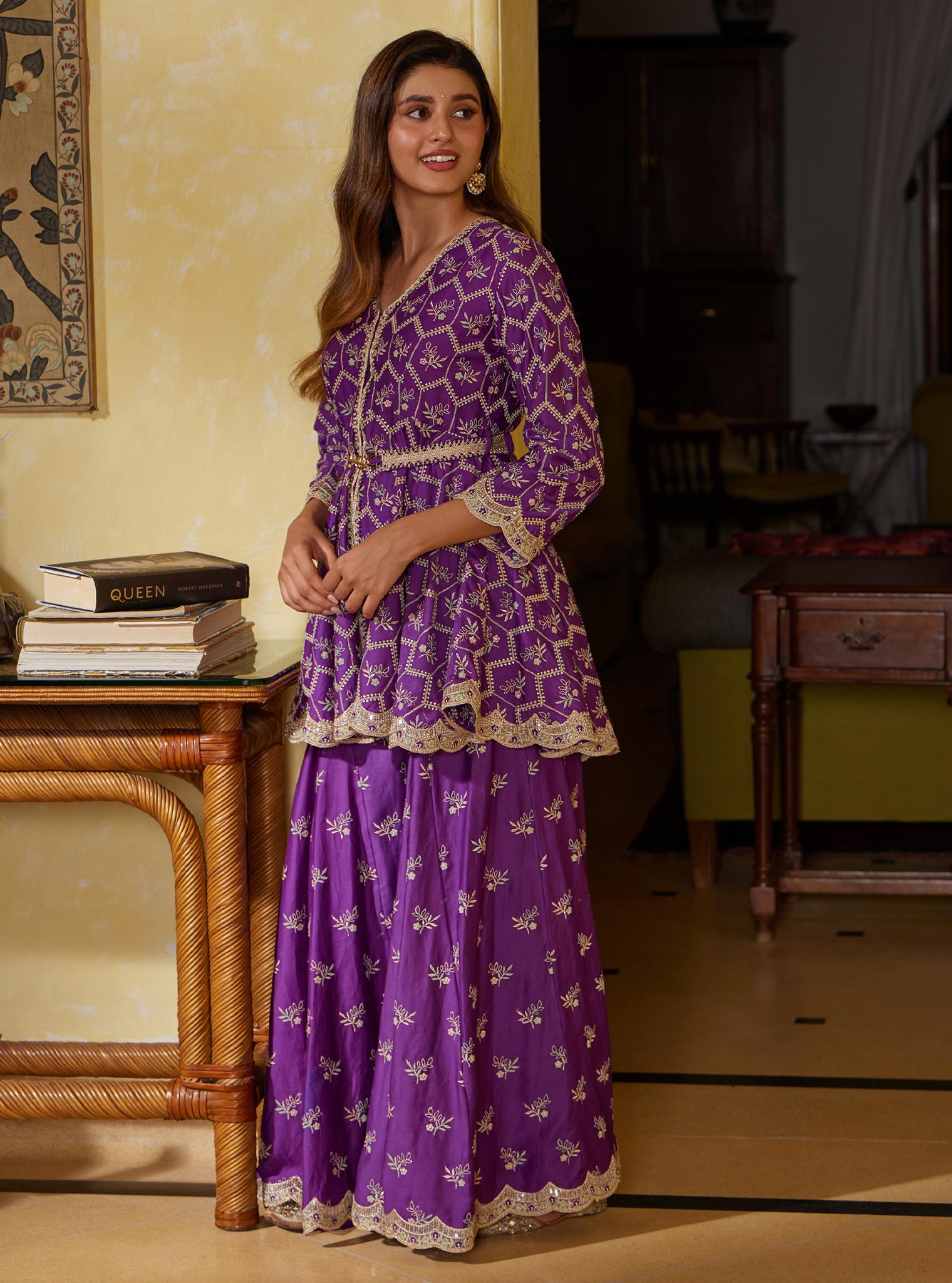 Mulmul Pima Bisini Purple Top With Mulmul Bisini Purple Sharara