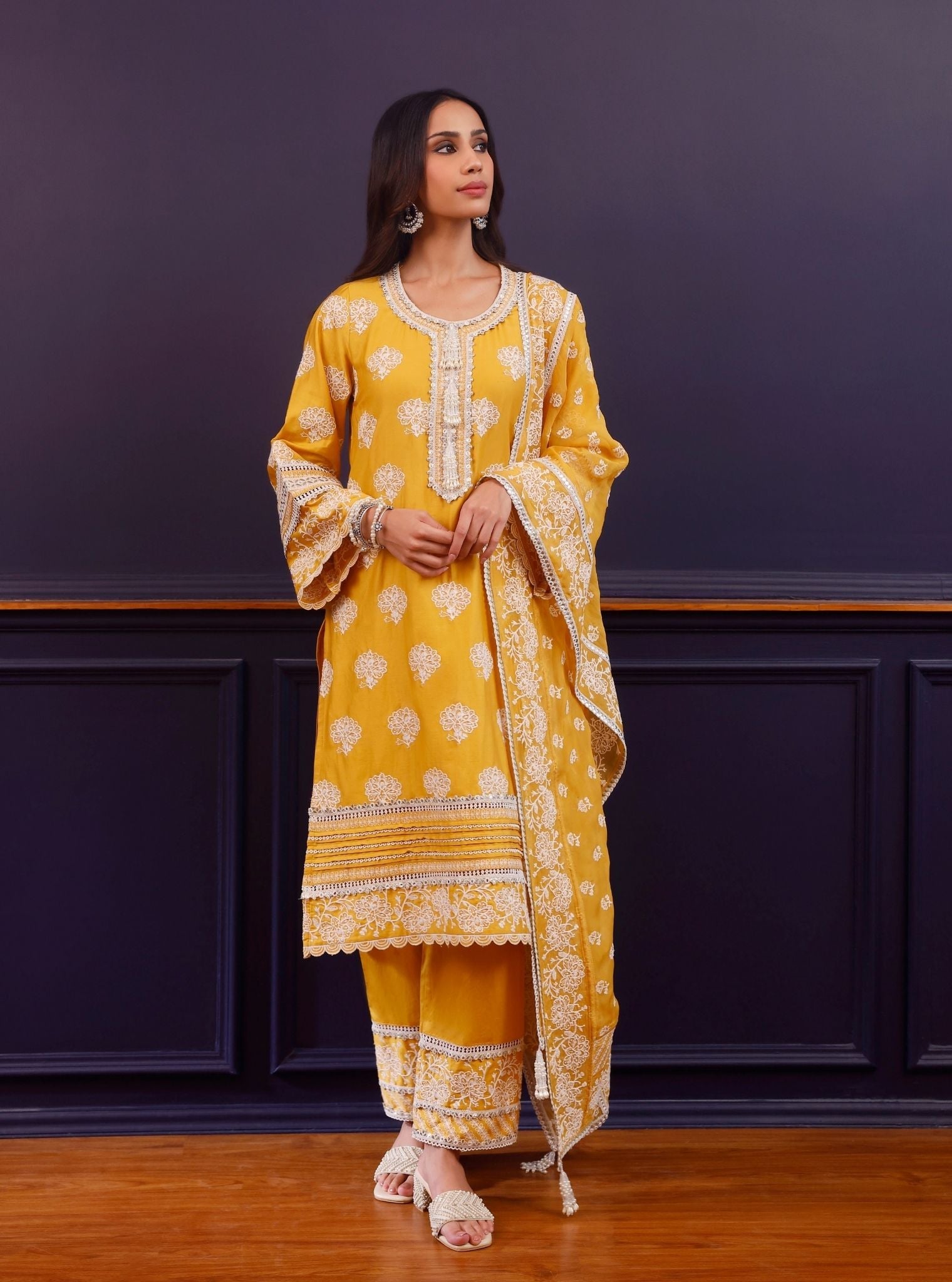 Reha Pima Satin Mustard Kurta Set