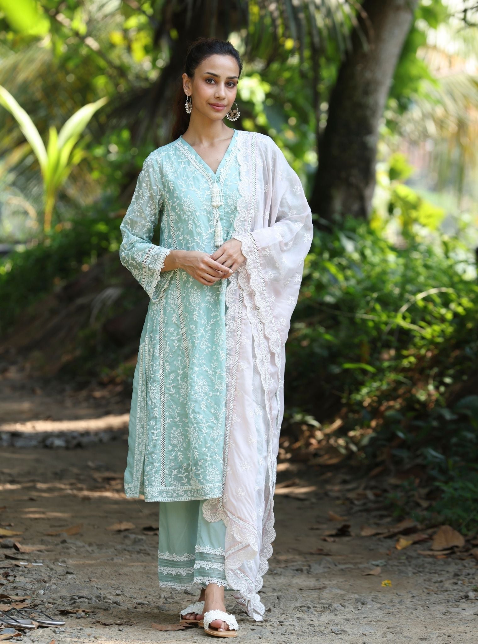 Mulmul Organza Caara Teal Blue Kurta With Mulmul Cotton Caara Teal Blue Pant