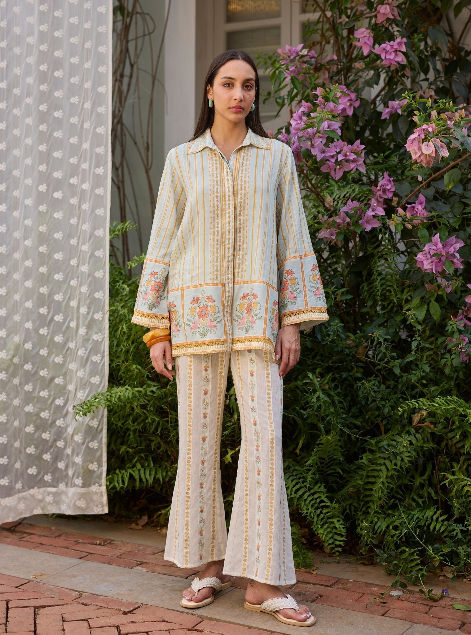 Ela Linen Printed Light Blue Shirt Set